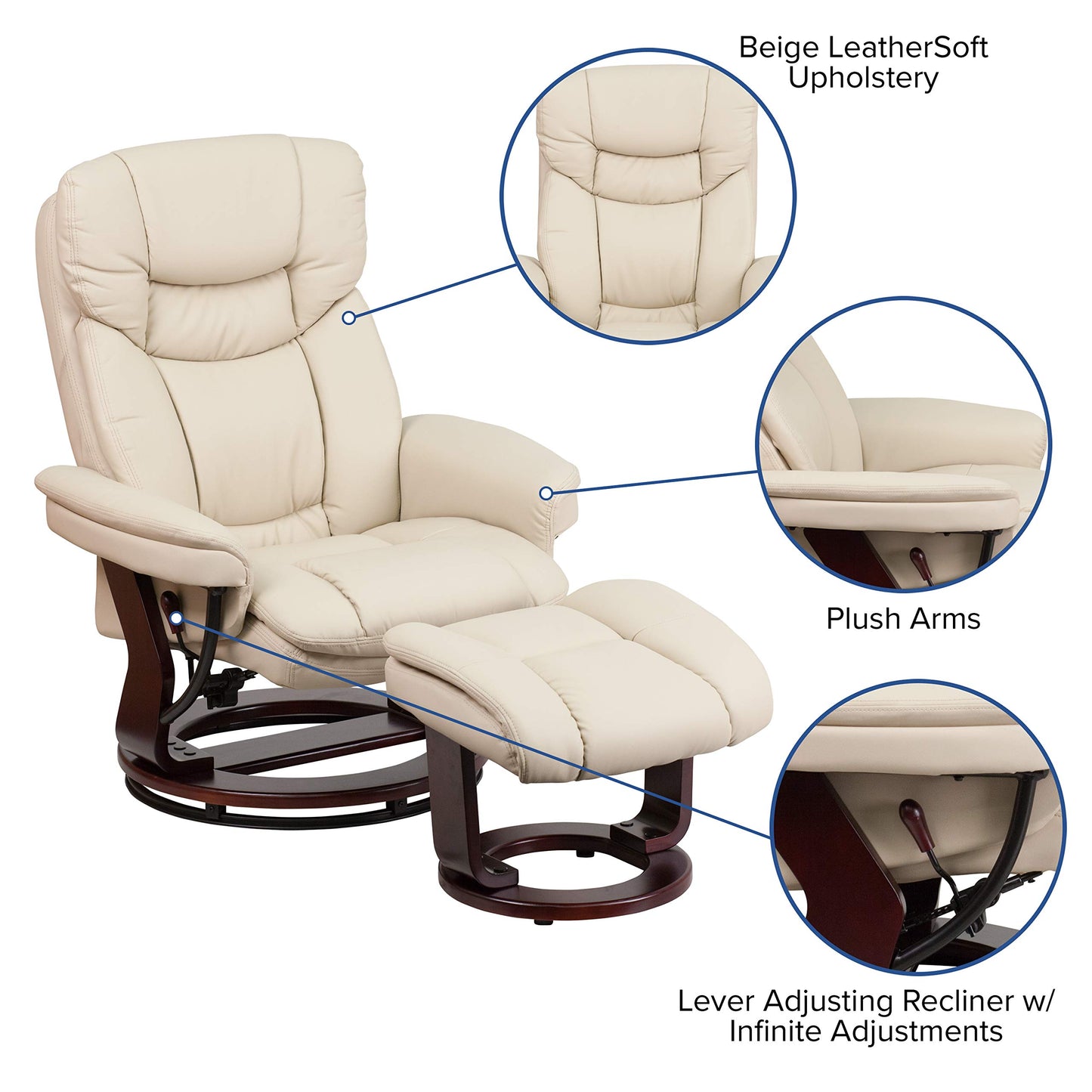 Flash Furniture Allie LeatherSoft Upholstered Recliner with Ottoman Footrest, Padded Swiveling Recliner Chair and Ottoman Set, Beige