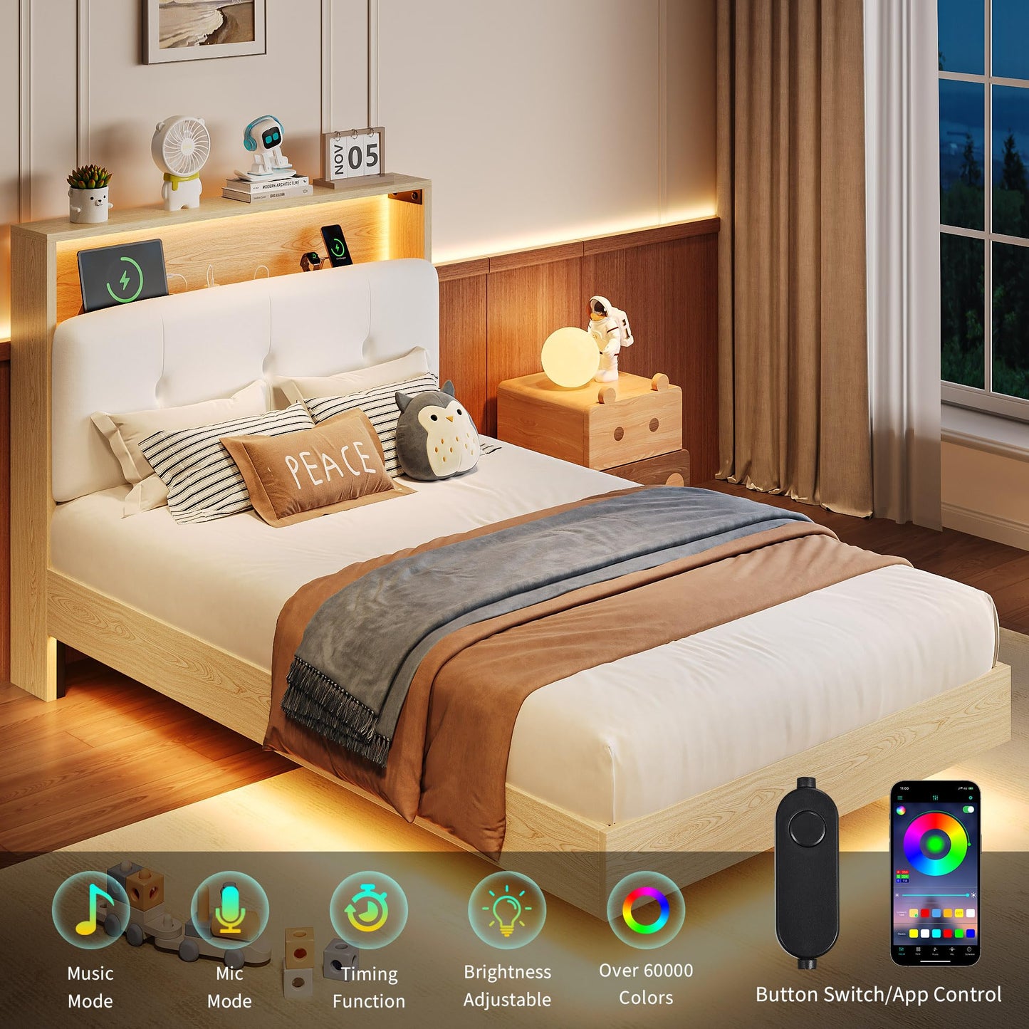 Einhomn Floating Bed Frame Twin with 2-Tier Storage Velvet Fabric Upholstered Headboard, Wooden Platform Bed Frame w/Charging Station & LED Lights, Metal Slats Support, No Box Spring Needed, Natural