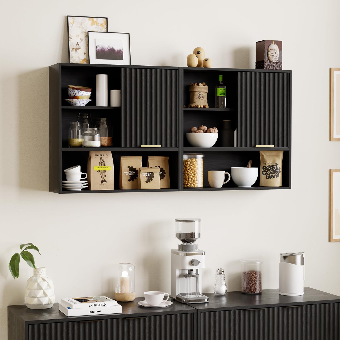 EYYTHUNG 2PCS Fluted Wall Cabinet Bathroom, Modern Medicine Cabinet with Sliding Door Adjustable Shelf Wood Storage Cabinet Wall Mounted for Kitchen Dining Room Living Room, Black