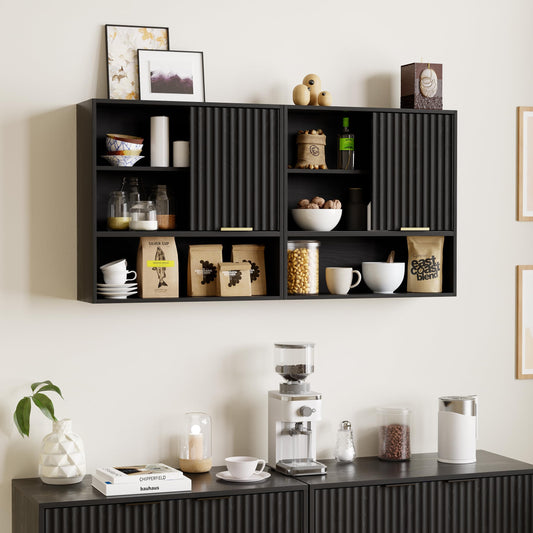 EYYTHUNG 2PCS Fluted Wall Cabinet Bathroom, Modern Medicine Cabinet with Sliding Door Adjustable Shelf Wood Storage Cabinet Wall Mounted for Kitchen Dining Room Living Room, Black