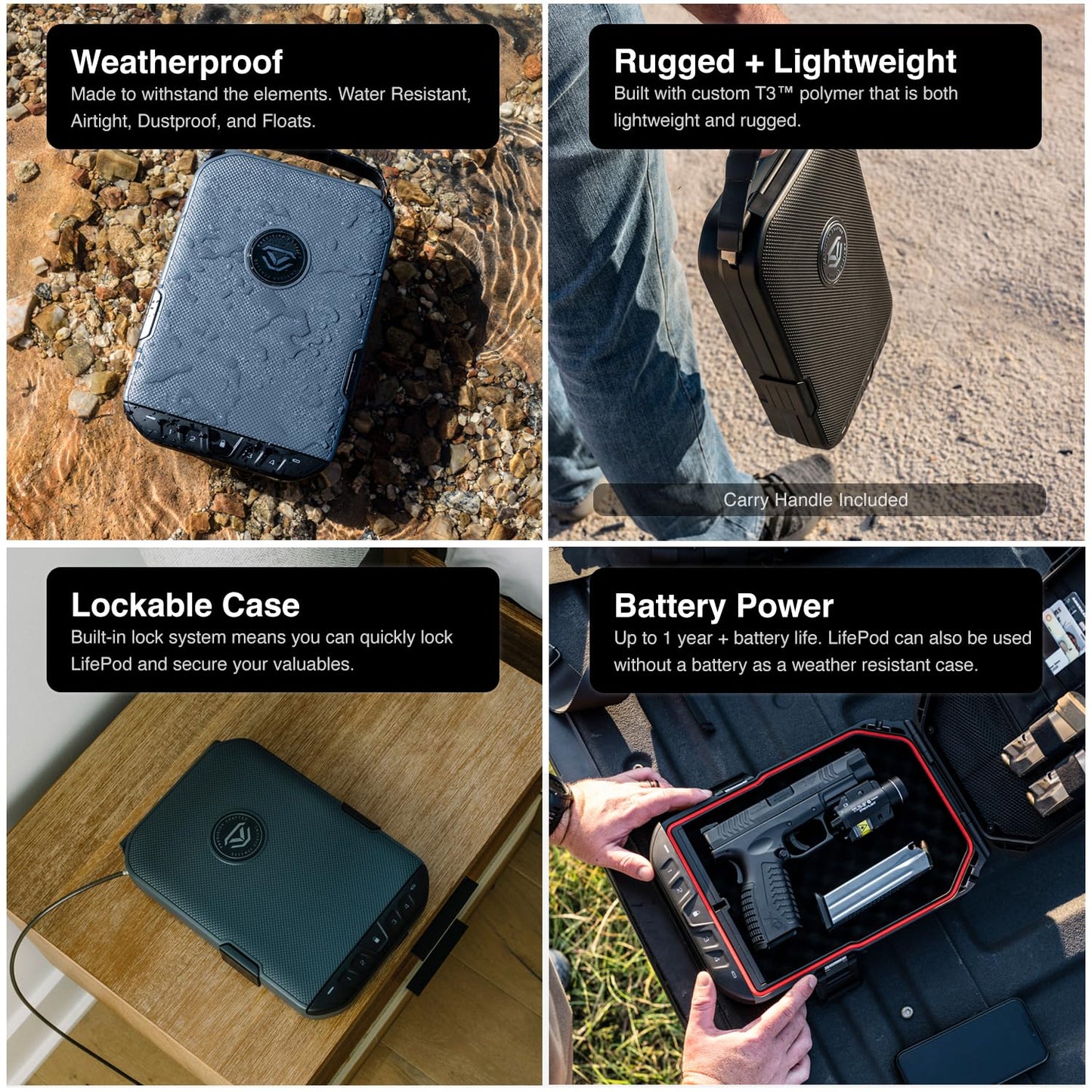 VAULTEK LifePod 20 Full-Size Biometric Lockable Weatherproof Case with Built-in Lock, Steel Security Cable, & TSA Handgun Case or Car Safe, Portable Travel Pistol Safe/Covert Black/Biometric