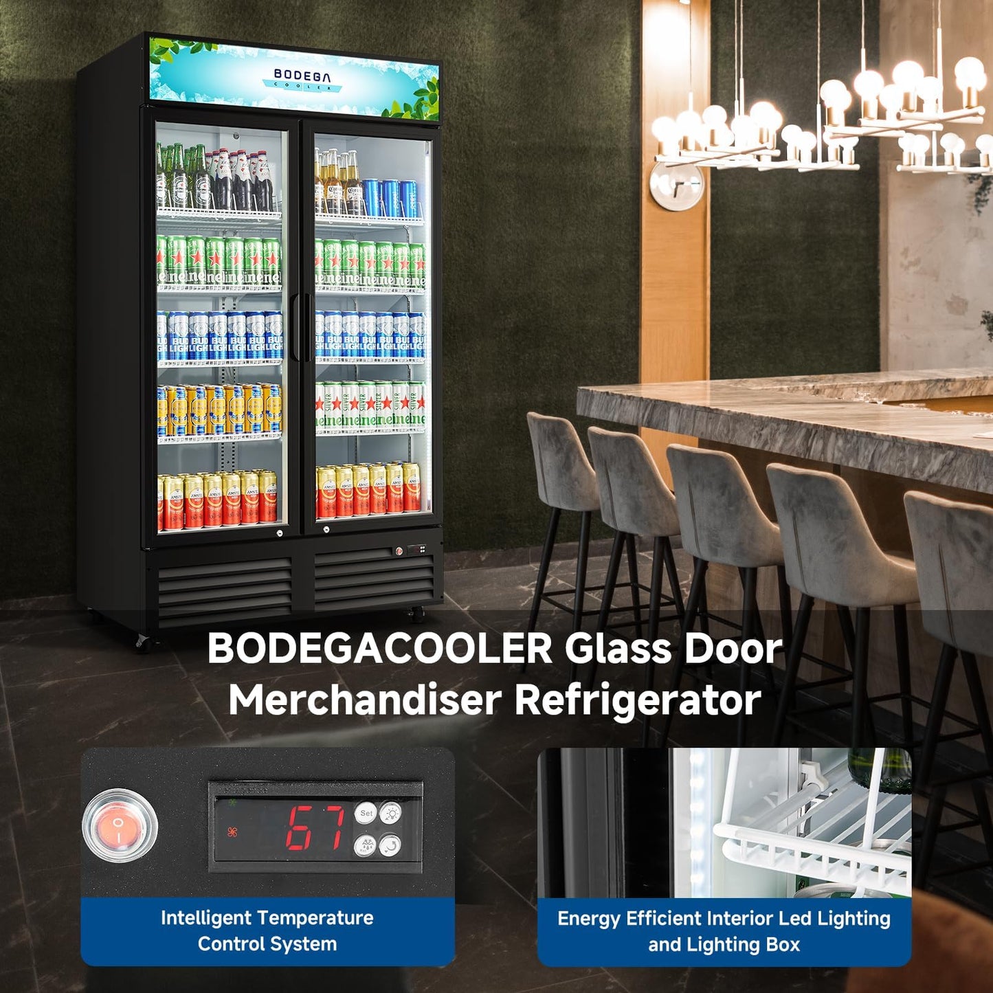BODEGACOOLER 44.5"W 35.4 Cu. Ft Commercial Beverage Refrigerator, 2 Glass Door Merchandiser Cooler Display Refrigerator with LED Lighting, Adjustable Shelves, Temperature Control and Casters, Black