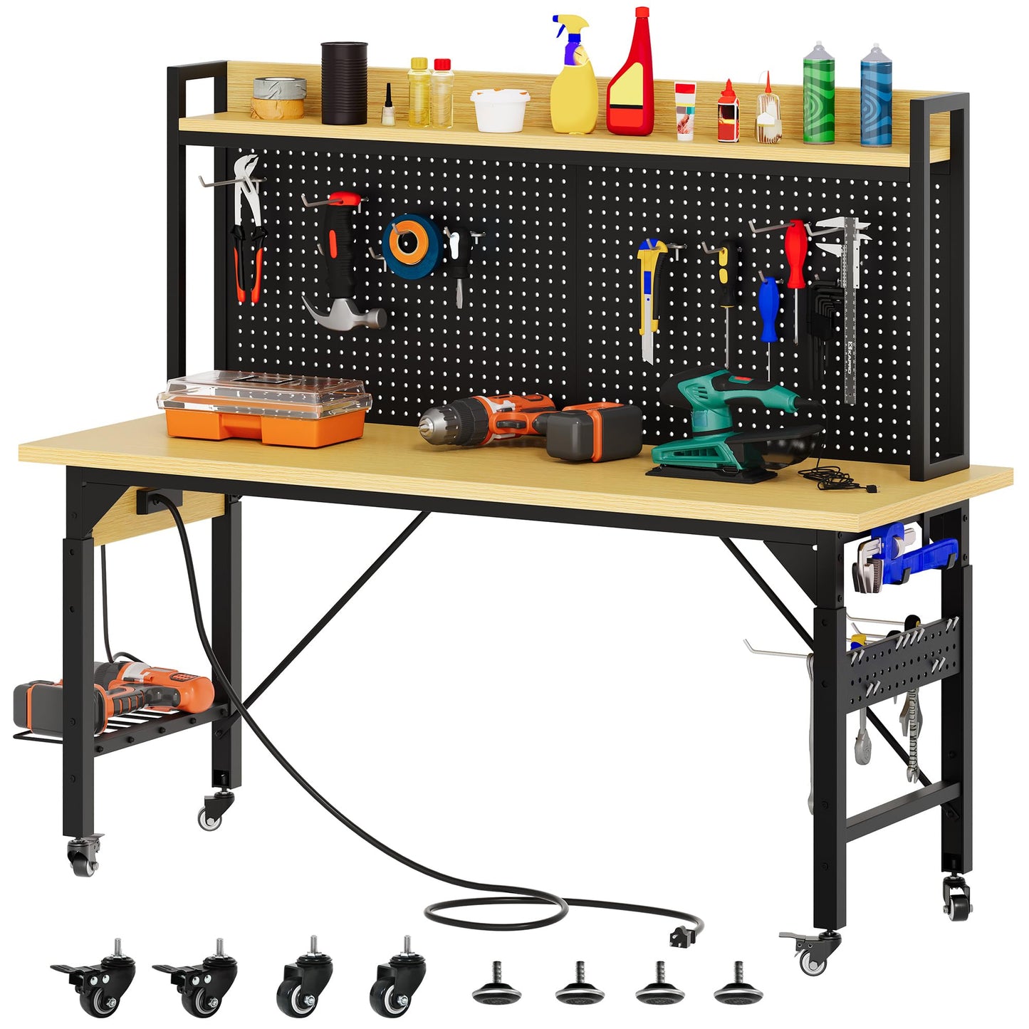YITAHOME 60in Adjustable Workbench with Pegboard & Wheels 1600lb Load