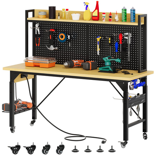 YITAHOME 60in Adjustable Workbench with Pegboard & Wheels 1600lb Load