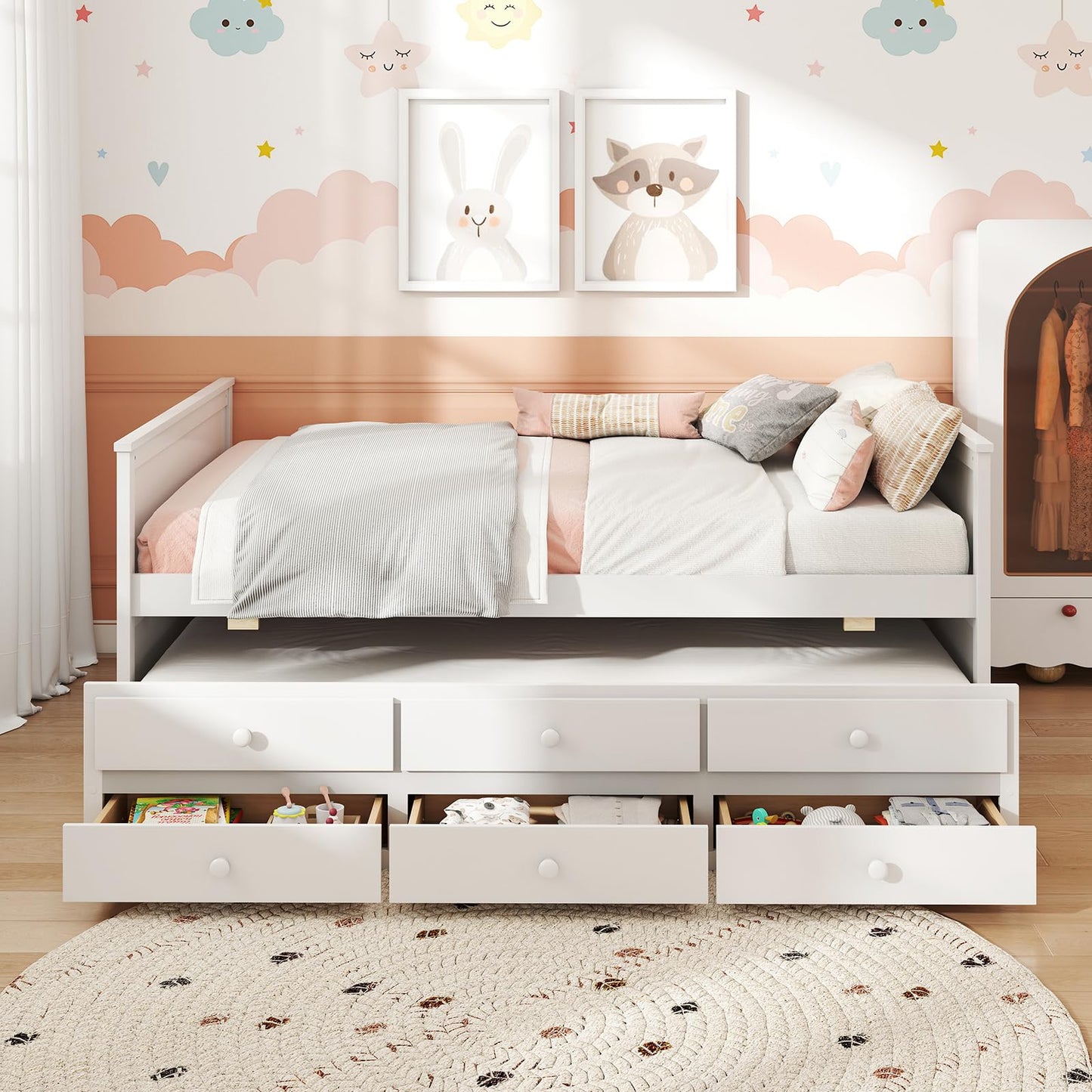 Giantex Full Size Bed Frame with Twin Trundle & 3 Storage Drawers, Modern Platform Bed with Headboard & Footboard, Wooden Slats Support Captain Bed for Teens Adults, No Box Spring Needed, White
