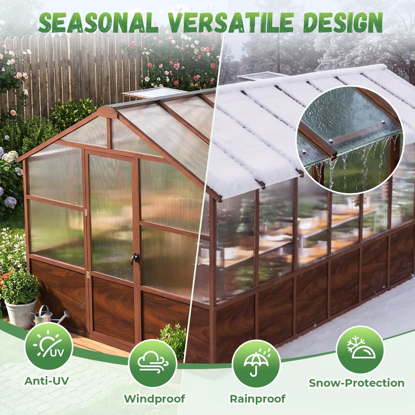 Jocoevol 8x16ft Outdoor Greenhouse, Wooden Frame Polycarbonate Greenhouse with Adjustable Roof Vents and Lockable Door Handle, Walk-in Greenhouse Perfect for Backyard and Garden