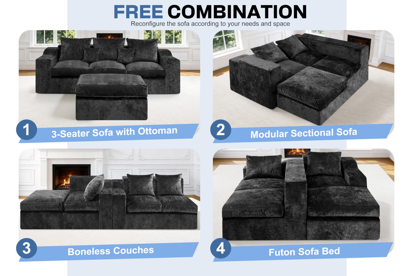 HABUTWAY 90" Boneless Couch with Ottoman, Sectional Couches for Living Room, Cloud Couch with Deep Seat, Modular Sectional Sofa with L-Shape Chaise, No Assembly Required (Black, Left Facing Chaise)