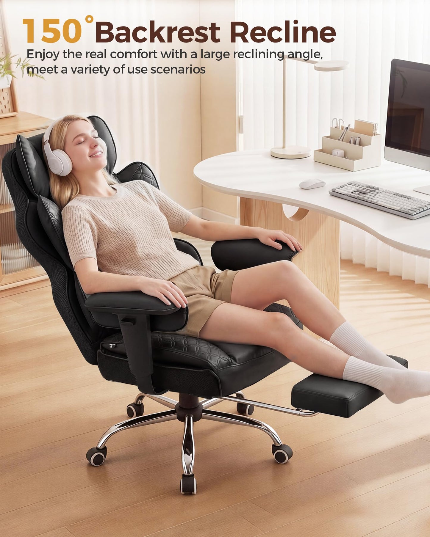 COMHOMA Big and Tall Office Chair Heavy Duty Gaming Chair with Deluxe Embossing Leather High Back Wider Ergonomic Computer Chair with Foot Rest 150°Reclining Pocket Spring Lumbar Support