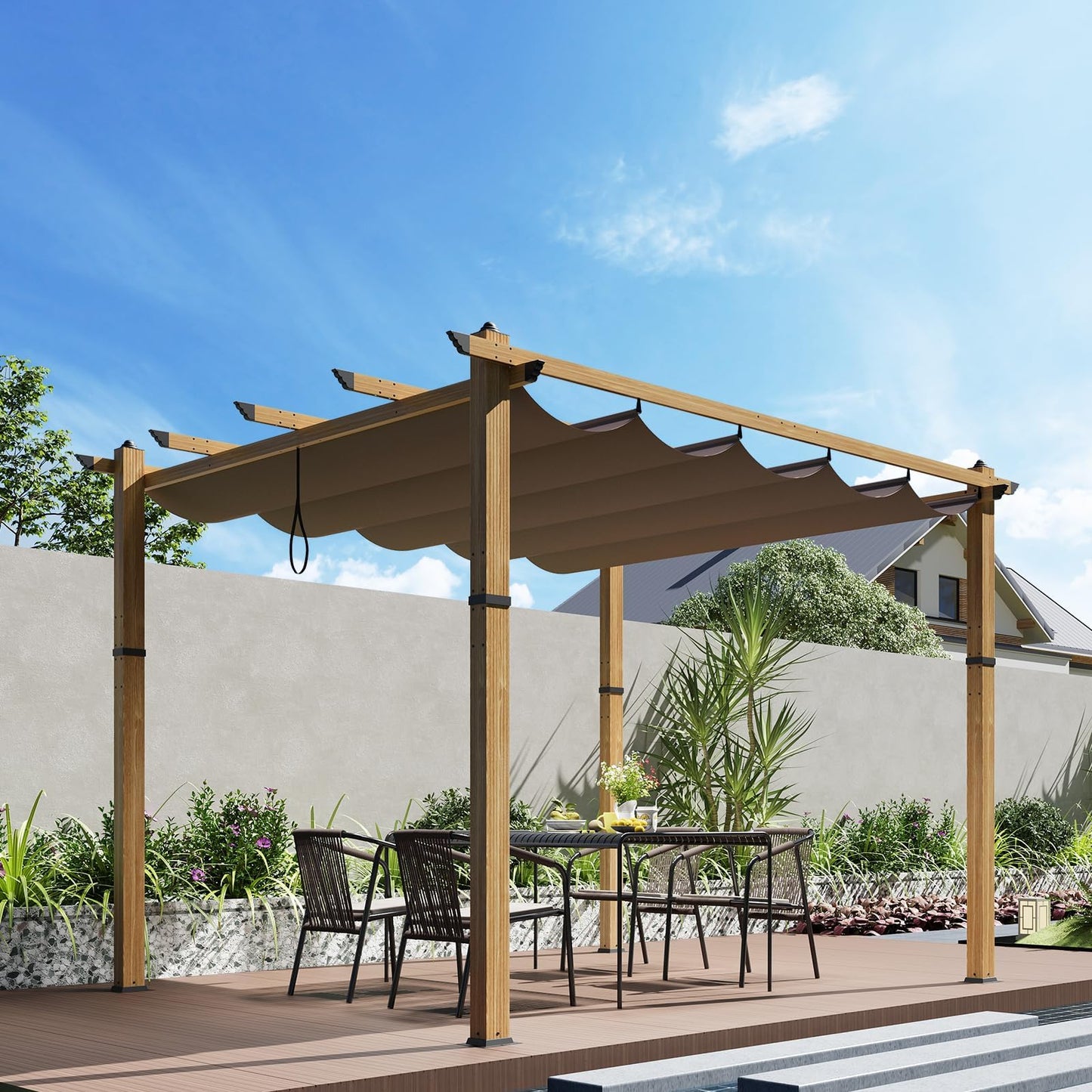 Modern 10x10FT Aluminum Pergola Outdoor Pergola Gazebo, Retractable Sun Shade, Faux Woodgrain, Pergolas for Patios, Deck, Garden, Easy Setup, All-Weather Trellis,Khaki, Imitation Wood Grain Column