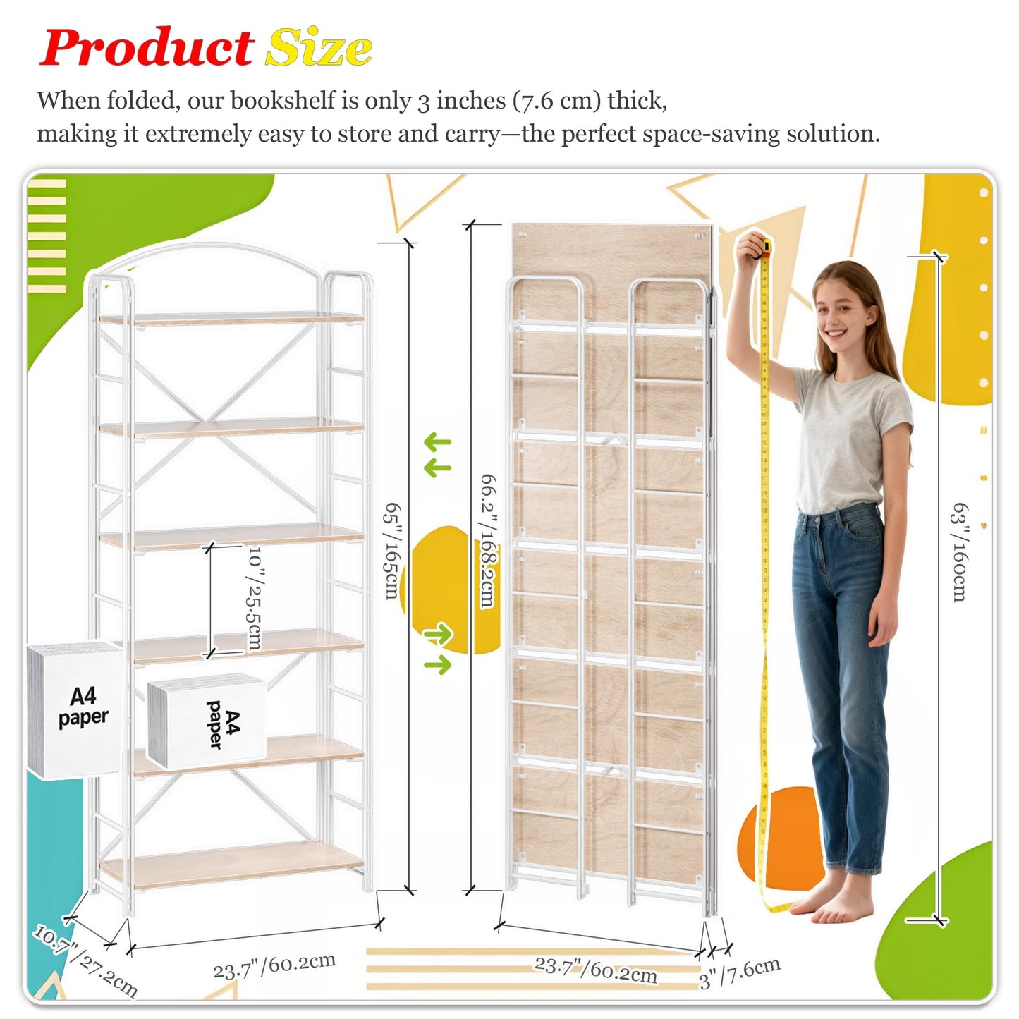 UDD Folding Bookshelf No Assembly, 65" H x 23.7" W, 6 Shelf Foldable Bookcase Industrial Collapsible Bookshelves, Open Storage Book Shelves for Small Spaces Home Office Living Room, Light Oak White