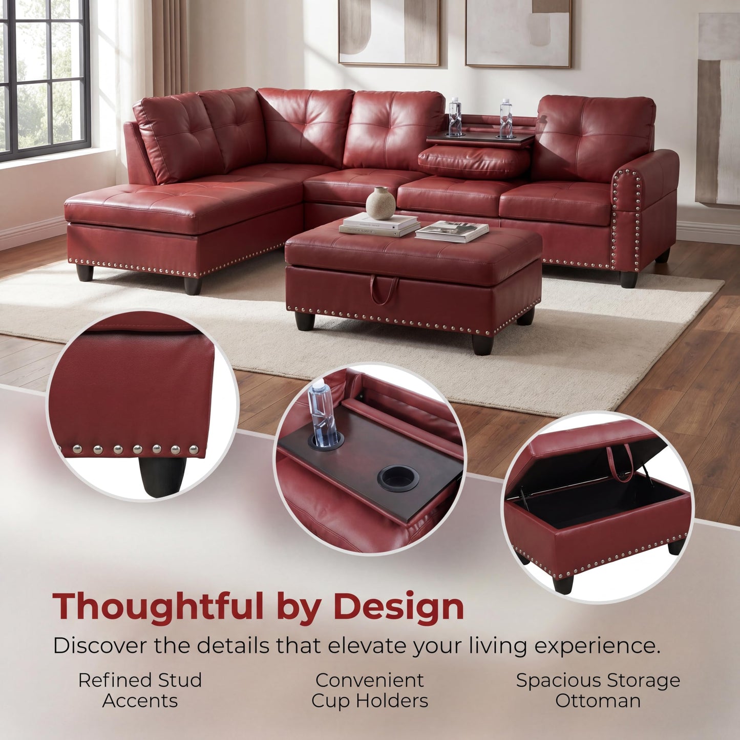 Topcomfy Leather L Shaped Sectional Couches for Living Room - 97.5“ x 69.5" Modular Sectional Sofa with Storage Ottoman, 4 Seat Home Sofa Living Room Furniture Sets with Chaise for Apartment, Red