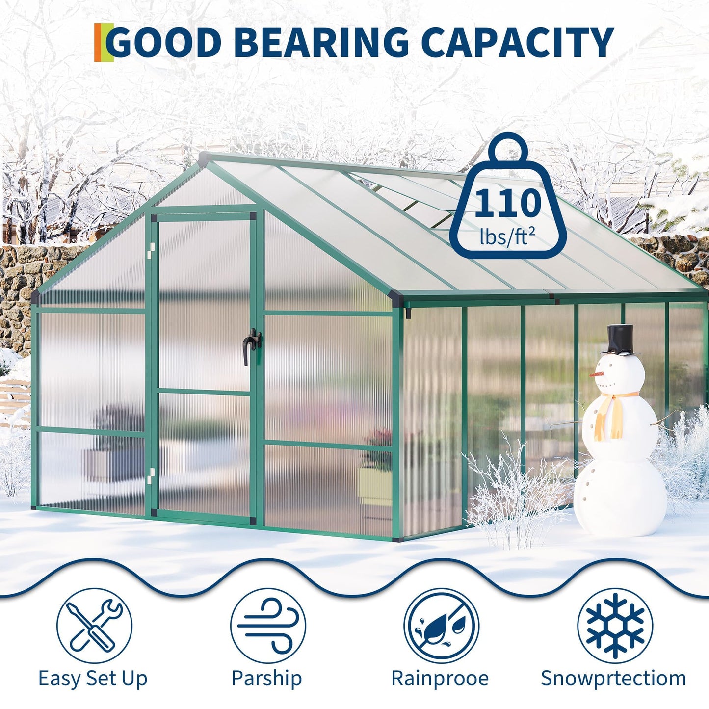 8x12 FT Polycarbonate Greenhouse for Outdoors, Aluminum Frame Green House with Lockable Door, Adjustable Roof Vent and Rain Gutters for Backyard, Garden, Patio