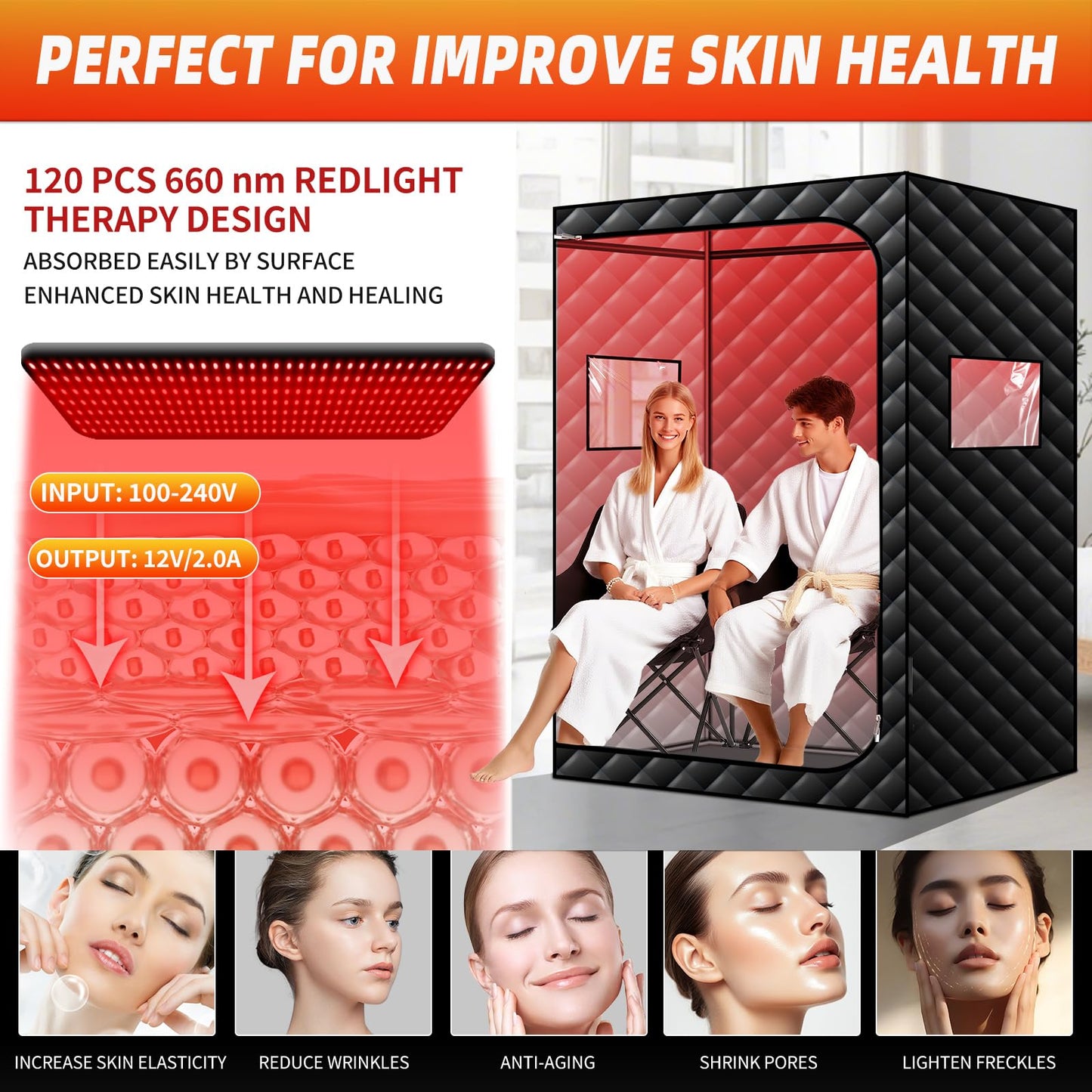 amocane 2 Person Portable Infrared Sauna, Dry Wind Sauna with 660nm Red Light Therapy, Full Body Sauna Spa for Home with 170℉ Temperature, 99 Mins Timer, 2 Large Chairs