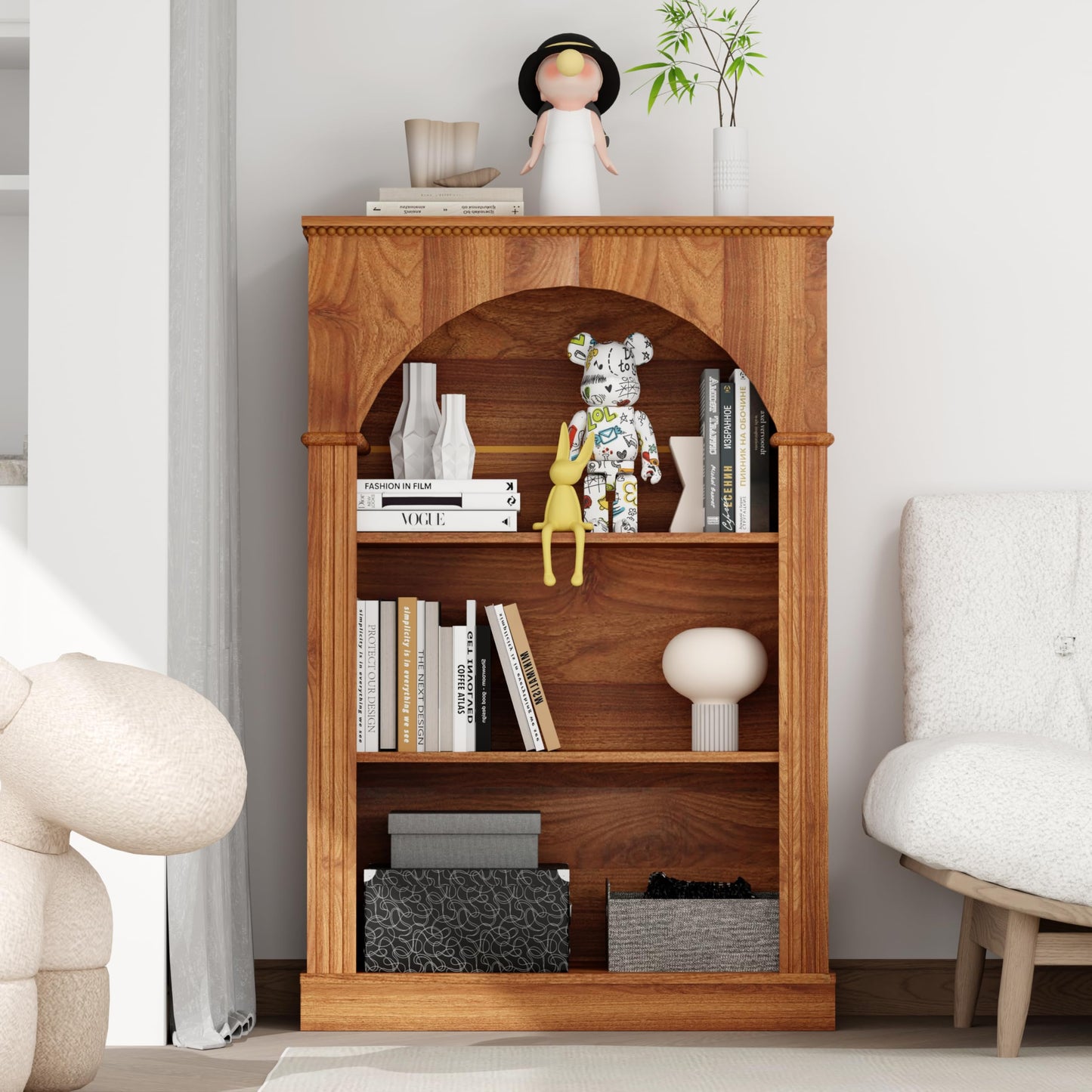 KEIKI 48" H Arched Display Storage Cabinet with Open Shelf, Wood Traditional Curio China Collectibles Book Case Shelves Bookcase for Living Room, Home Office