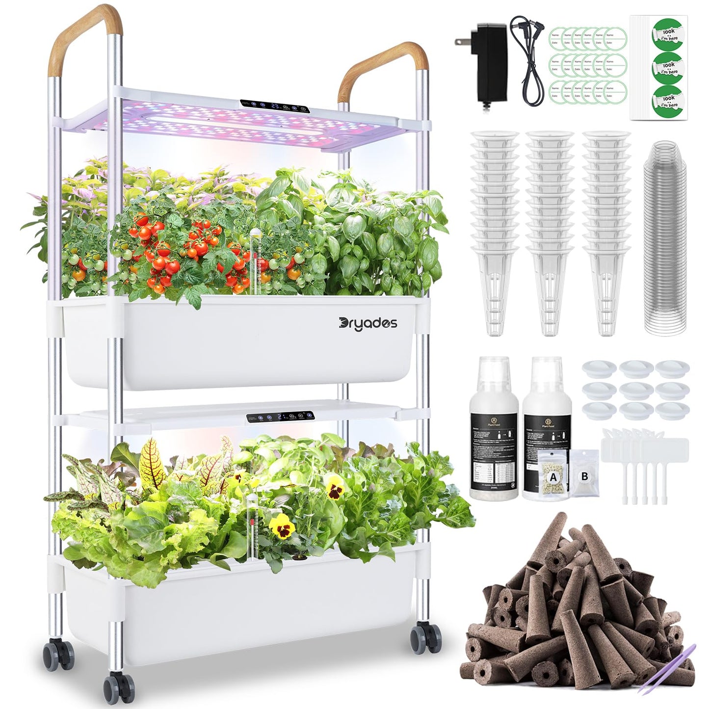 Indoor Hydroponic Growing System with 54 Pods Herbs Garden Kit with 30W Led Grow Light Large Movable 2-Layer Floor-Standing Hydroponic Gardening System for Vegetable Fruit