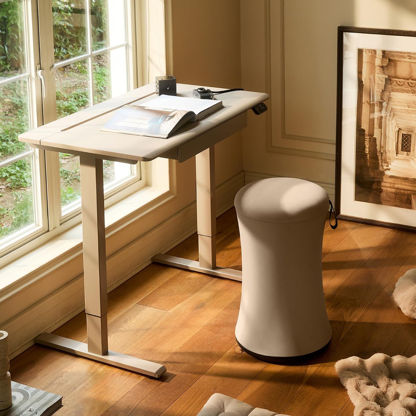 TopJob AnyDesk Hub Electric Standing Desk, Height Adjustable Small Desk with Built-in Drawer & Wide Desktop Wire Slot & Cable Management, Curved Waterfall Edge, 2 Memory Settings (Cream)