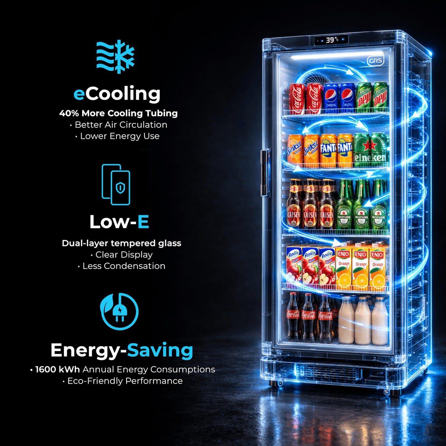 GRS Commercial Display Refrigerator with Glass Door Lock | Cool Air Flow & Temperature | Beverage fridge, Drink and Wine Cooler with Adjustable Display Shelf for Stores and Bars | Black, 7.1 Cu. Ft