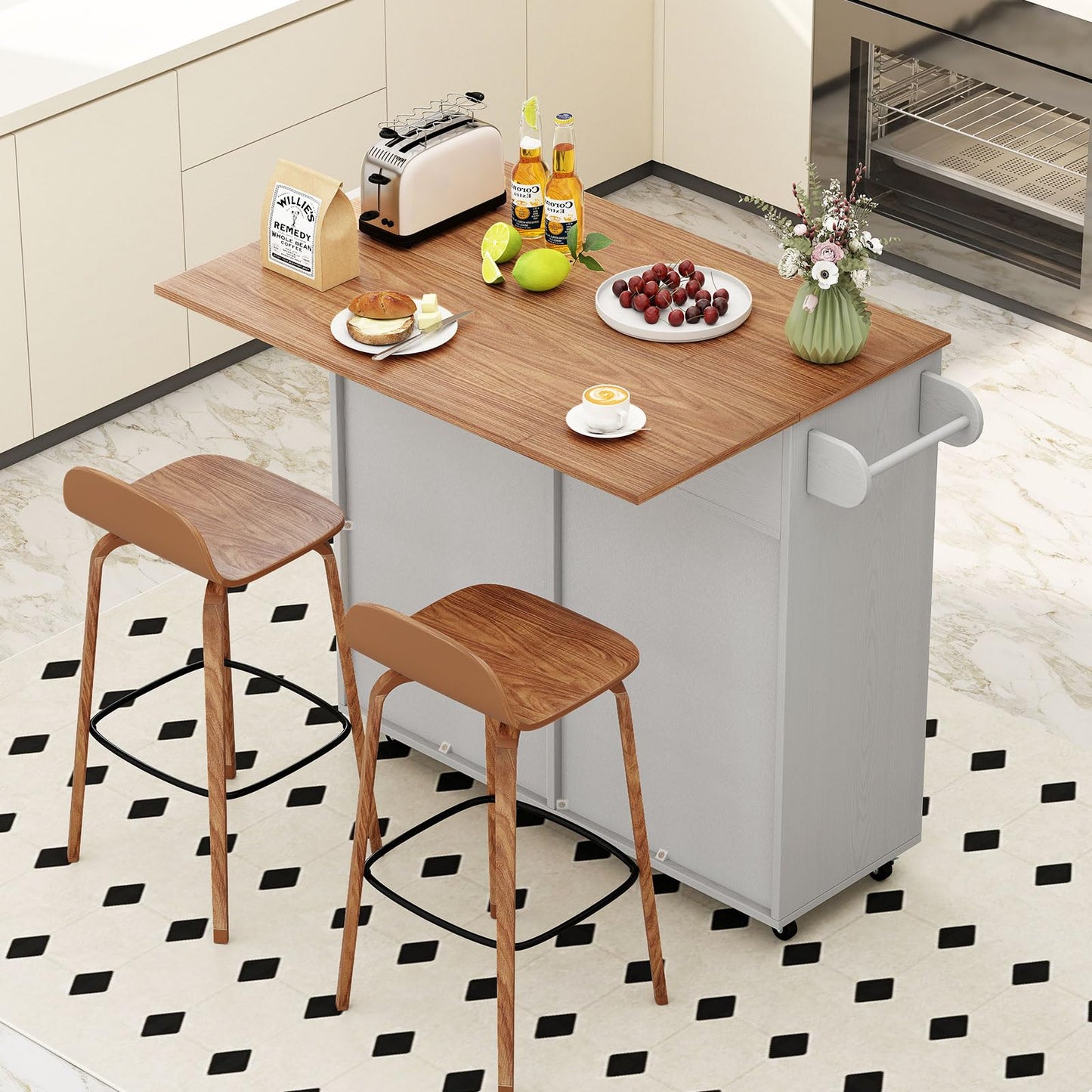 Giantex Kitchen Island Cart with Hidden Tilt Out Trash Can Cabinet, Drop Leaf, 2 Drawers, Towel Rack, Rolling Mobile Breakfast Bar Table, Wood Kitchen Storage Cart on Wheels (Grey & Natural)