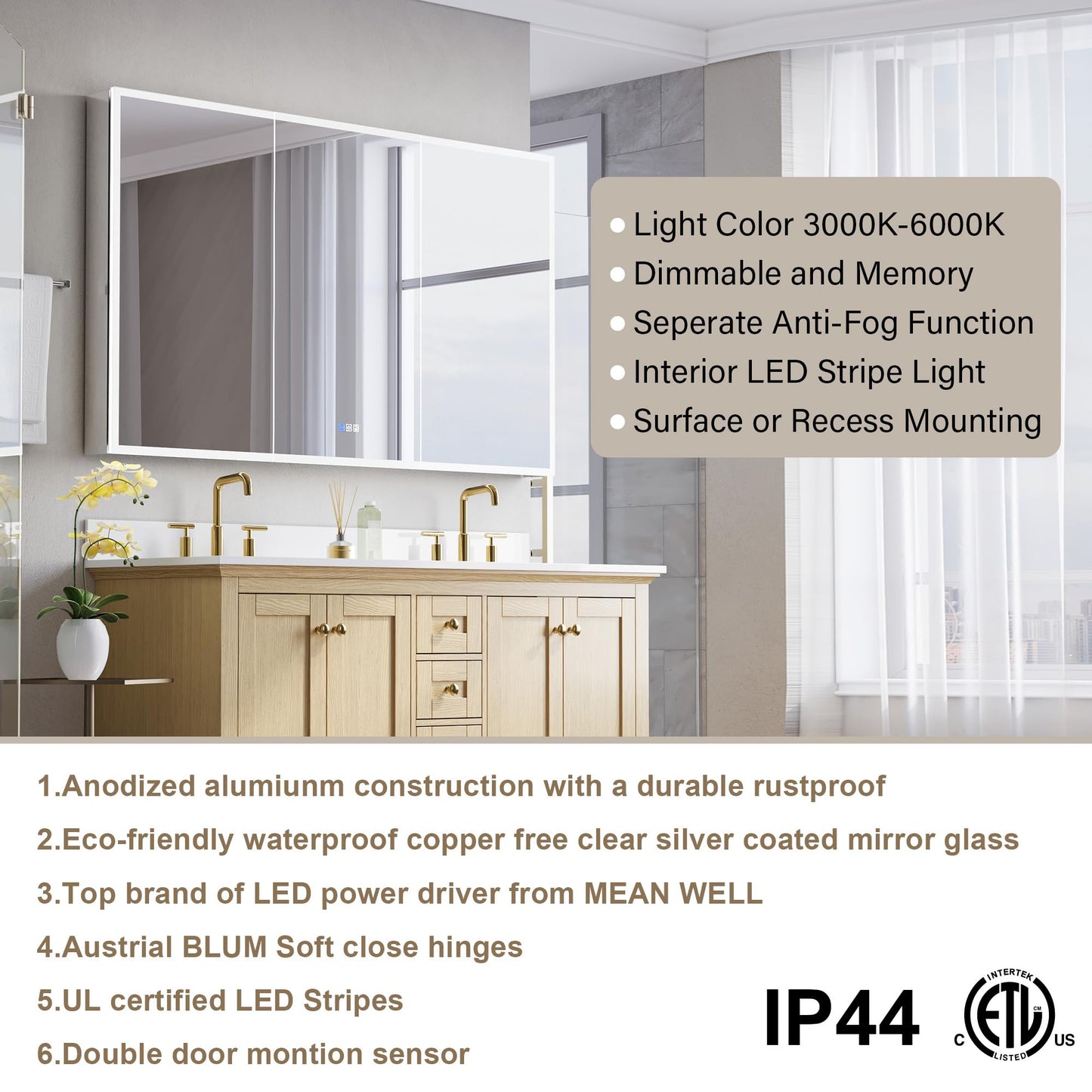 WELLFOR 60" X 36" LED Medicine Cabinet with Mirror, 3X Magnifiying Mirror Cabinet, Defogging/Dimmable Bathroom Mirrored Cabinet, Lighted Medicine Cabinet with Outlets & USB Ports, Three Opening Doors