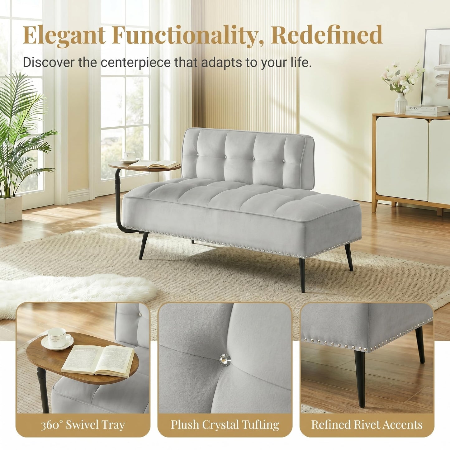 Trygoal Velvet Loveseat Sofa Couch, Futon Sofa Couch with 360° Swivel Side Table, Small Couches with Backrest and Foam Cushion for Small Spaces, Entryway Bench, Apartment, Bedroom, Gray