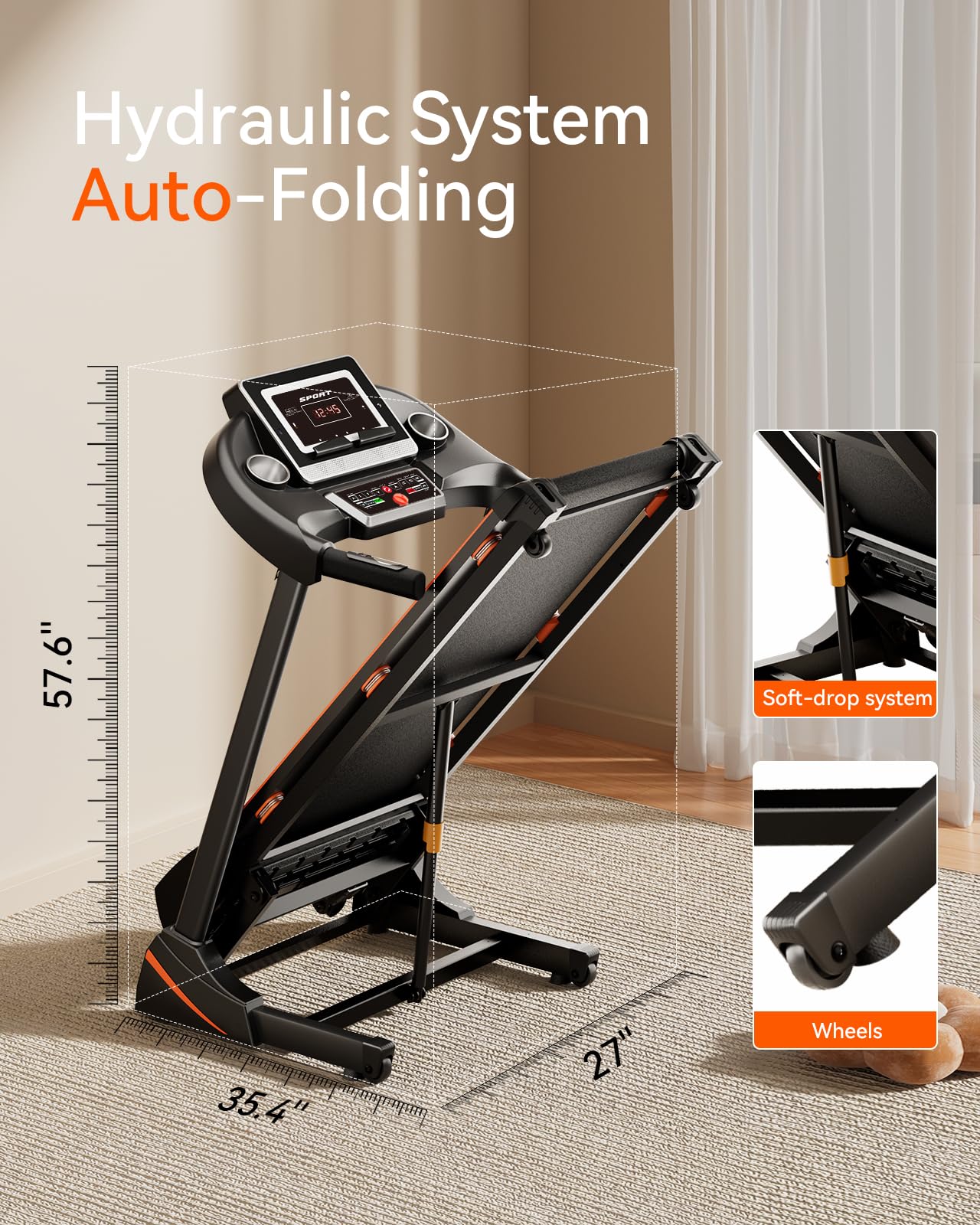 Renestar Treadmills for Home, Treadmill with Auto Incline, Folding Treadmills for Running Walking, 300LBS Weight Capacity, Max Speed 10MPH, Bluetooth Speaker, Pulse Monitor