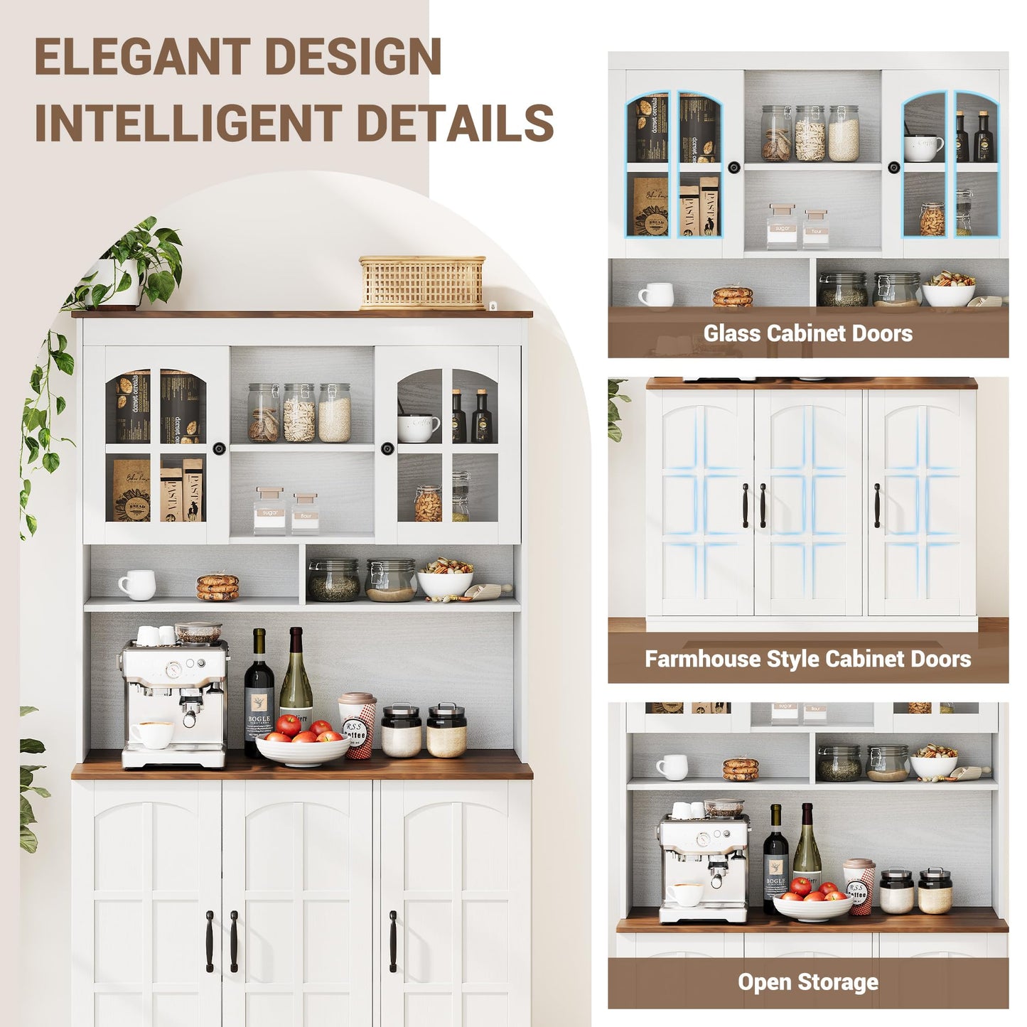 IDEALHOUSE Pantry Cabinet, 70.9 Inch Kitchen Cabinet with Glass Doors, Tall Kitchen Pantry Storage Cabinet with Hutch
