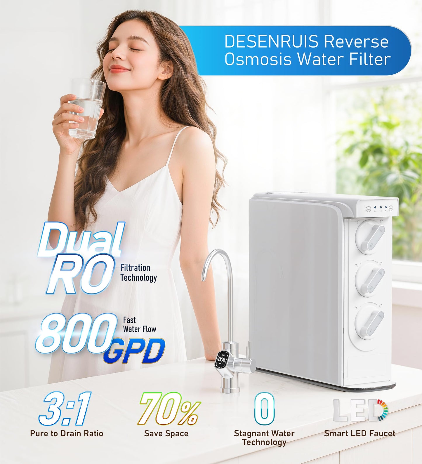 DESENRUIS Reverse Osmosis System, Dual RO Water Filter, 800 GPD Fast Flow, 3:1 Pure to Drain, Tankless Under Sink RO System, Reduce PFAS & TDS, Smart LED Faucet
