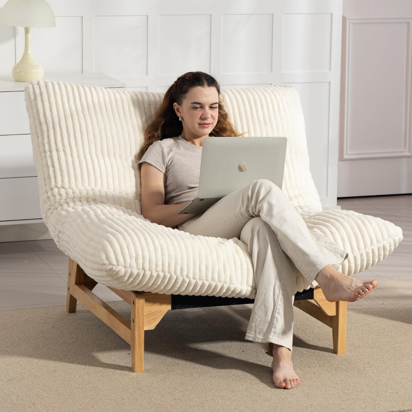 KEIKI Large Bean Bag Chair, Adults Kids Comfy Corduroy Small Couch with Wood Frame, Big Accent Beanbag Lounge Chairs Indoor, Lazy Cozy Floor Sofa Couches for Living Room Reading, Easy Assembly, Beige