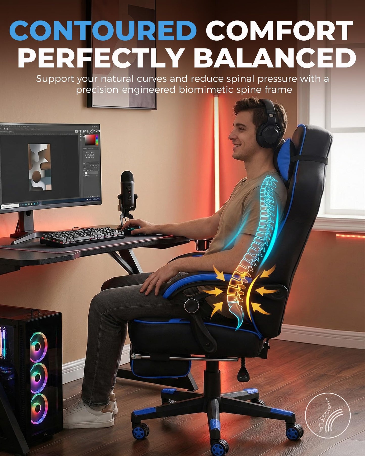 GTPLAYER Gaming Chair with Footrest, Big and Tall Game Chair 350lb Racing Style Computer Chair, Ergonomic Executive Office Chair High Back with Lumbar Support and Recliner, Blue