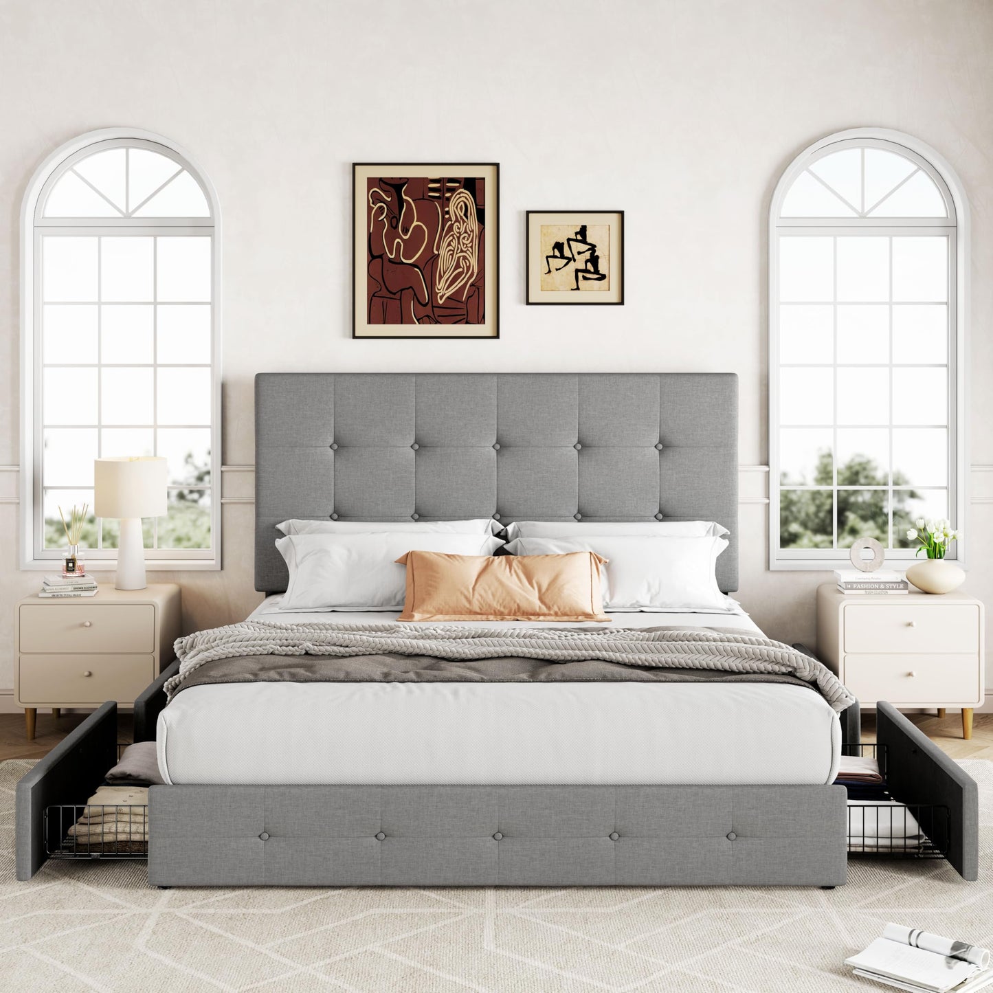 Allewie Upholstered Full Size Platform Bed Frame with 4 Storage Drawers and Headboard, Square Stitched Button Tufted, Mattress Foundation with Wooden Slats Support, No Box Spring Needed, Light Grey