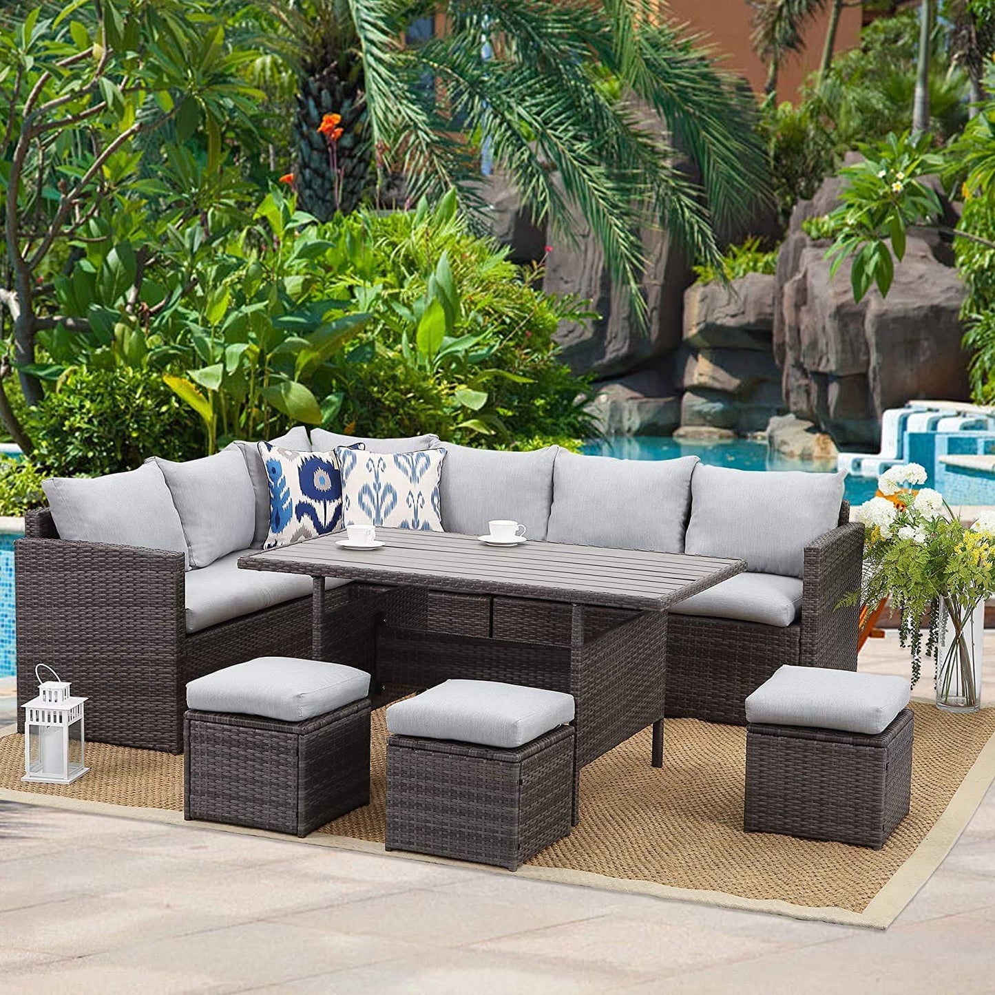 Wisteria Lane 7 Piece Patio Furniture Set, Wicker Patio Sectional with Wide Armrest, All Weather Outdoor Dining Set, Outdoor Furniture Patio Conversation Set with Ottoman, Light Grey