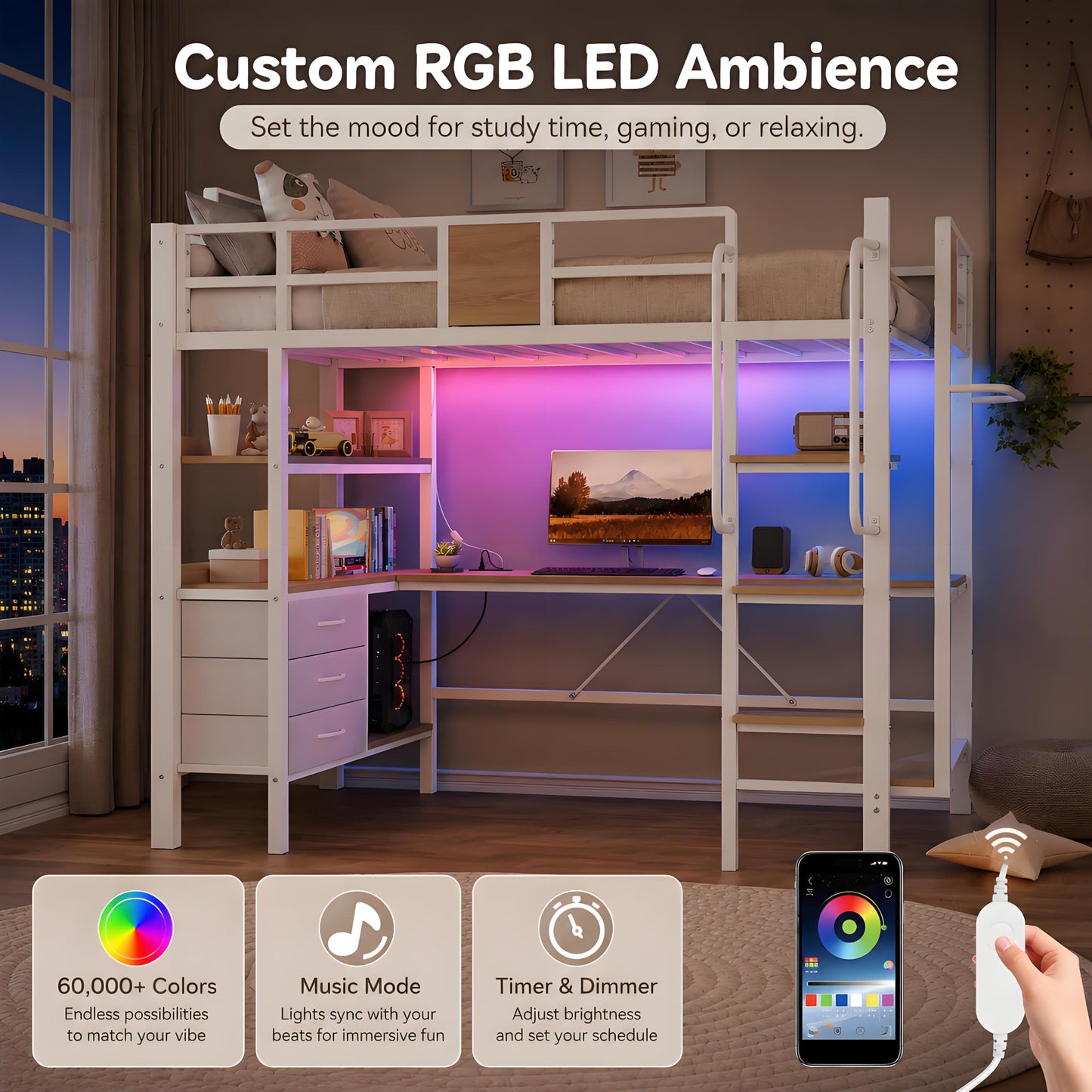 GarveeLife Twin Size Loft Bed Frame with Desk and Storage Shelves, Metal Loft Bed with Ladder and Full-Length Guardrails, Space Saving Kids Bed with Built-in Workstation for Bedroom, White