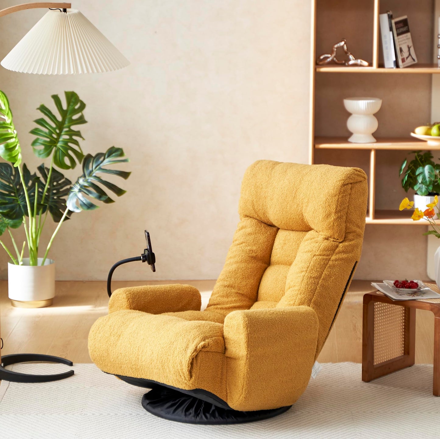 Noble House Home Furnishings Gwen Upholstered 360° Swivel Chair, Lounge Chair with Adjustable Backrest/Headrest, Metal Frame Living Room Lounge Sofa and Phone Holder, Comfy Bean Bag Chair, Yellow