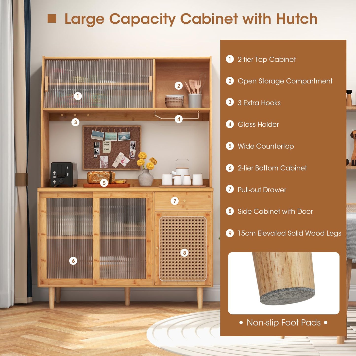 Giantex Pantry Cabinet, 69" Bamboo Hutch Cabinet with Storage, Drawer, Microwave Countertop, Glass Holder, Freestanding Buffet Sideboard with Rattan Door, Tall Cupboard for Kitchen Coffee Bar