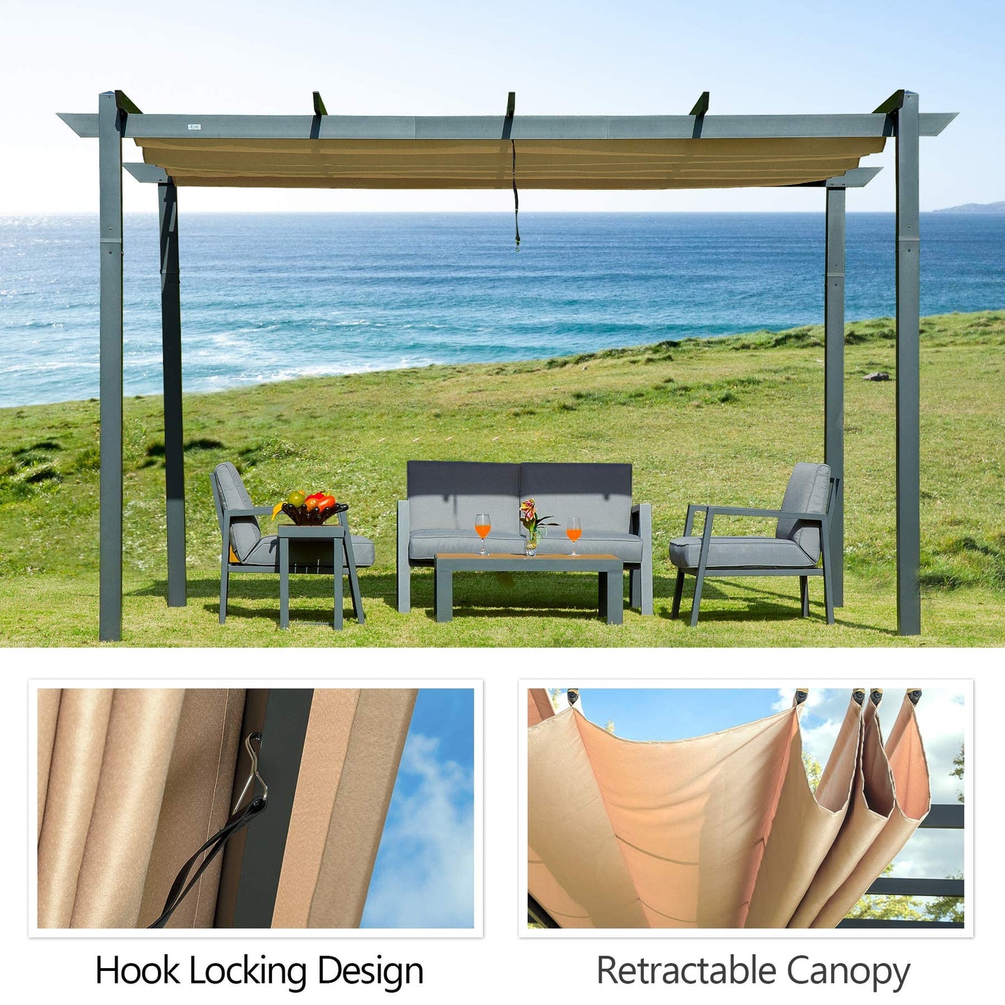 Domi Outdoor Living 10’ X 13’ Outdoor Retractable Pergola with Weather-Resistant Canopy Aluminum Garden Pergola Patio Grill Gazebo for Courtyard