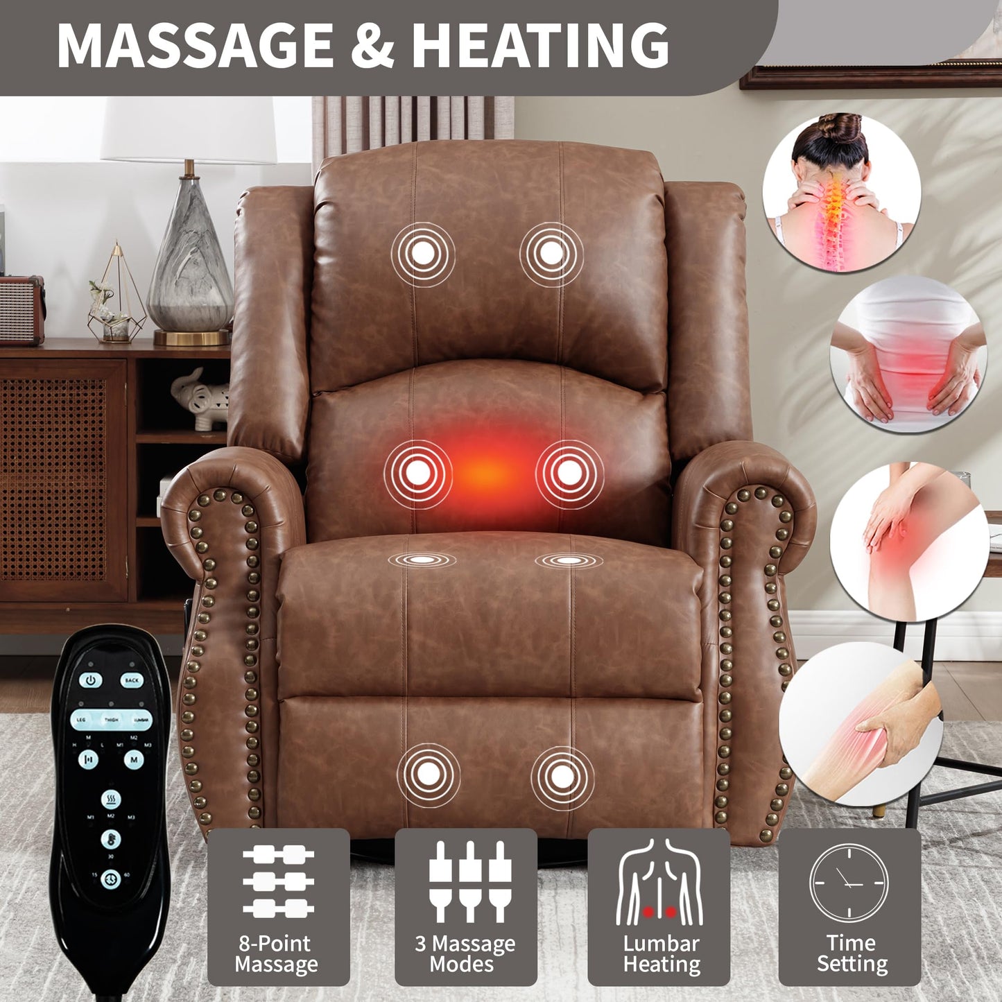 GDFStudio Heat Massage Swivel Rocker Recliner Chair, Manual Fabric Recliner with 360° Swivel, Rocking Function, Lumbar Heat and 8-Point Massage, Overstuffed Living Room Reclining Chair, Yellow Brown