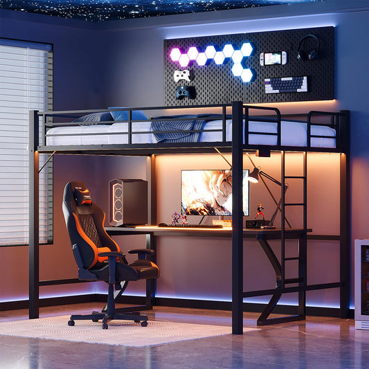 VINGLI Loft Bed Queen Size with Charging Station and LED Lights,Safety Guardrail and Stair for Teens/Adults, No Box Spring Needed, Heavy Duty Metal Support Slat, Black