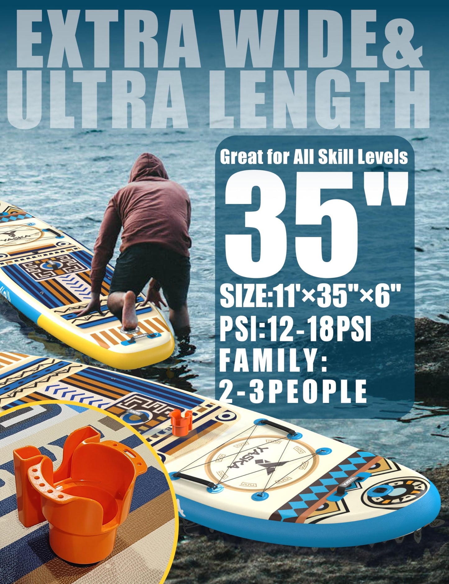 YASKA Inflatable Stand up Paddle Board 11ft with Premium SUP Accessories,Extra Wide Design Non-Slip Paddleboard for Beginner Adults Advenor Yoga Fishing