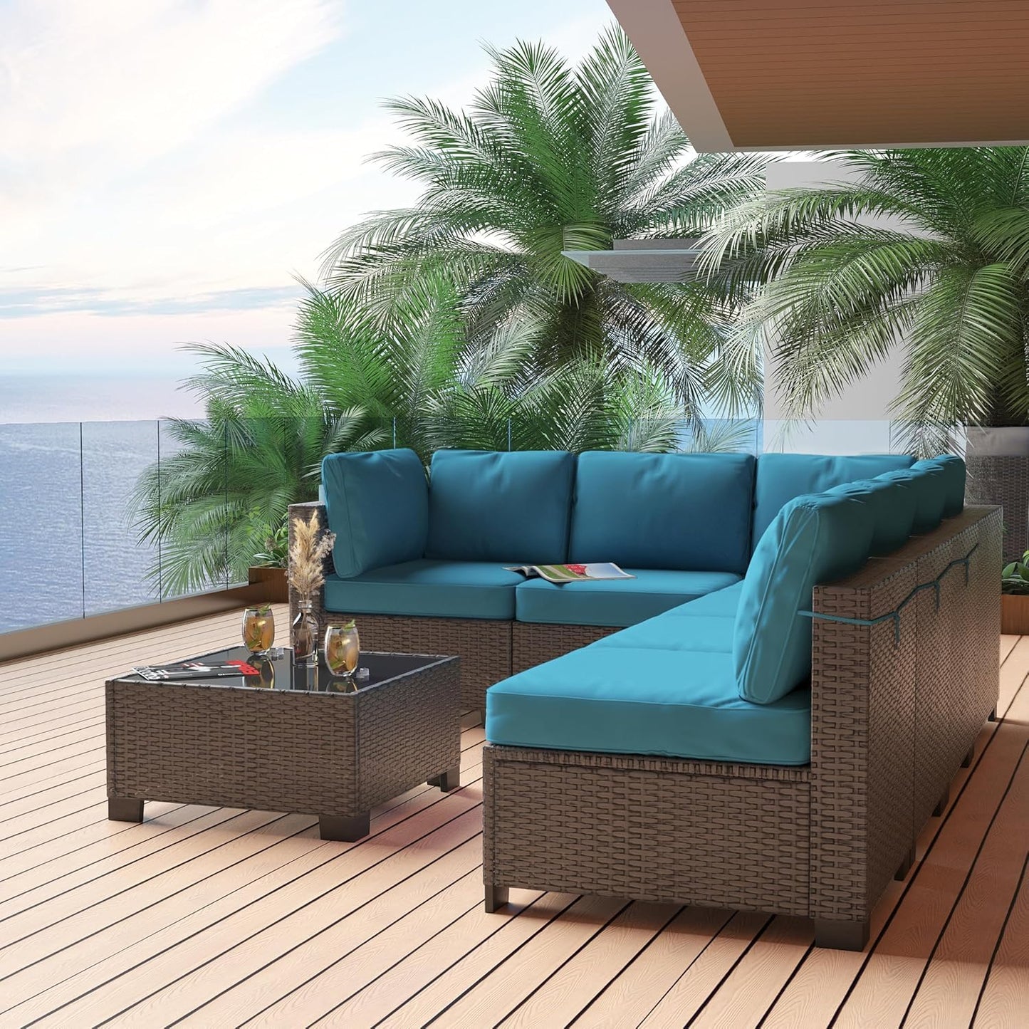 Patio Furniture Set, 7 Pieces Outdoor Sectional Sofa Set with Dining Table & Thickened Cushions, All-Weather PE Wicker Patio Furniture for Garden Lawn Deck, Dark Coffee & Peacock Blue