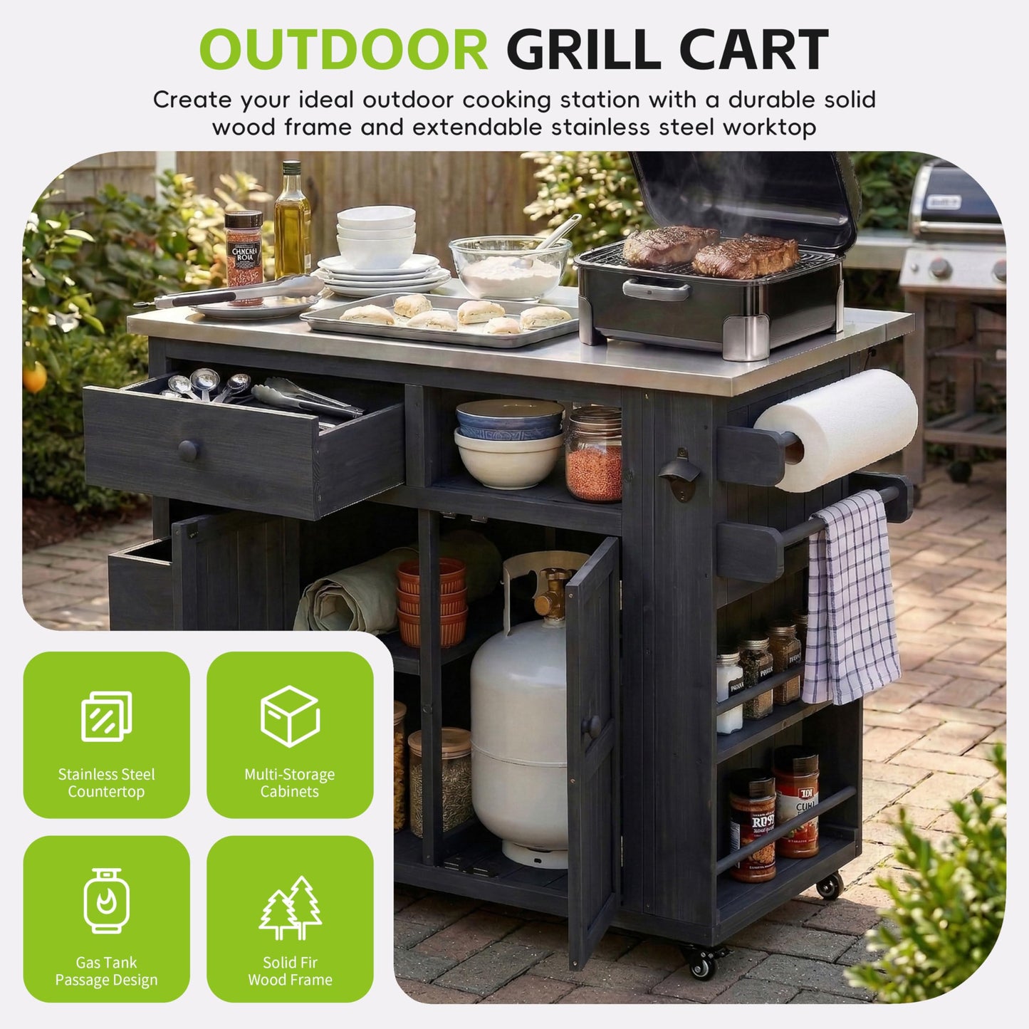 Merax Outdoor Extendable Kitchen Island with Storage, Stainless Steel Top Grill Table with Side Spice Rack, Solid Wood Kitchen Cart with Drawers and Storage Cabinet for Backyard, BBQ, Party