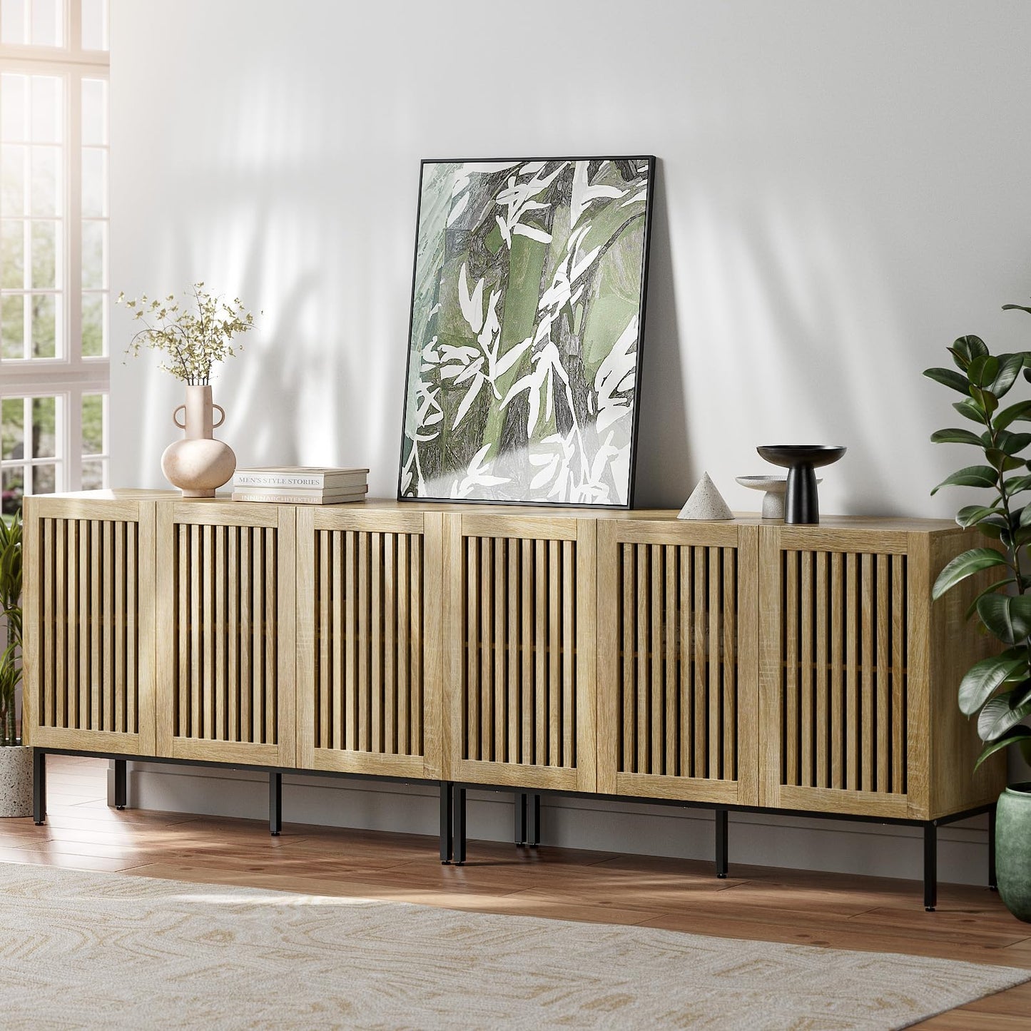 BVIUNTWO Buffet Cabinet with Storage,Set of 2 Farmhouse Console Table with Metal Base and Adjustable Shelves,Sideboard Coffee Bar Cabinet with 6 Doors for Kitchen,Dining Room,Living Room,Oak