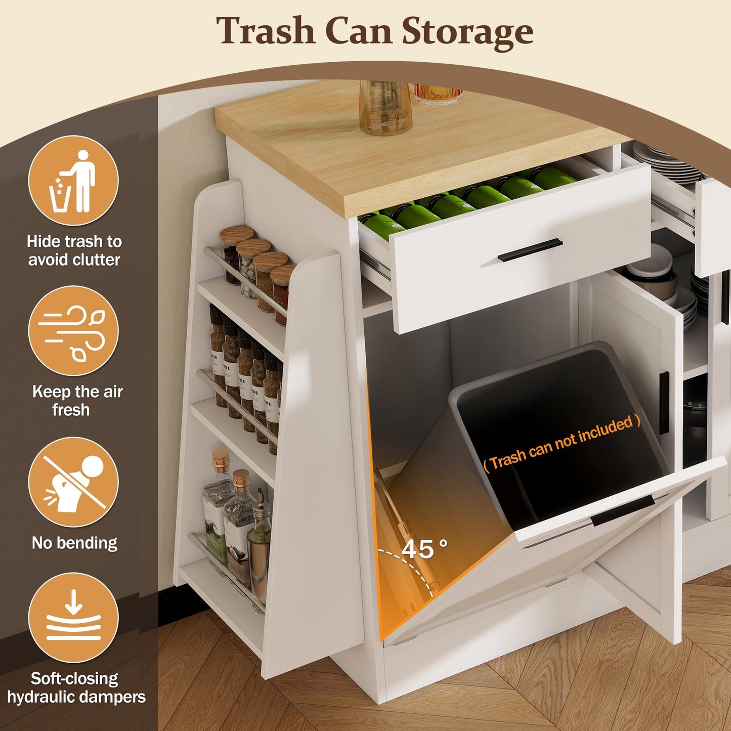 GDFStudio Kitchen Buffet Cabinet with Trash Can Storage, Sliding Door Storage Cabinet Sideboard with 3-Tier Spice Rack & 2 Drawers, Coffee Bar Cabinet Island Storage for Dining Room Living Room, White