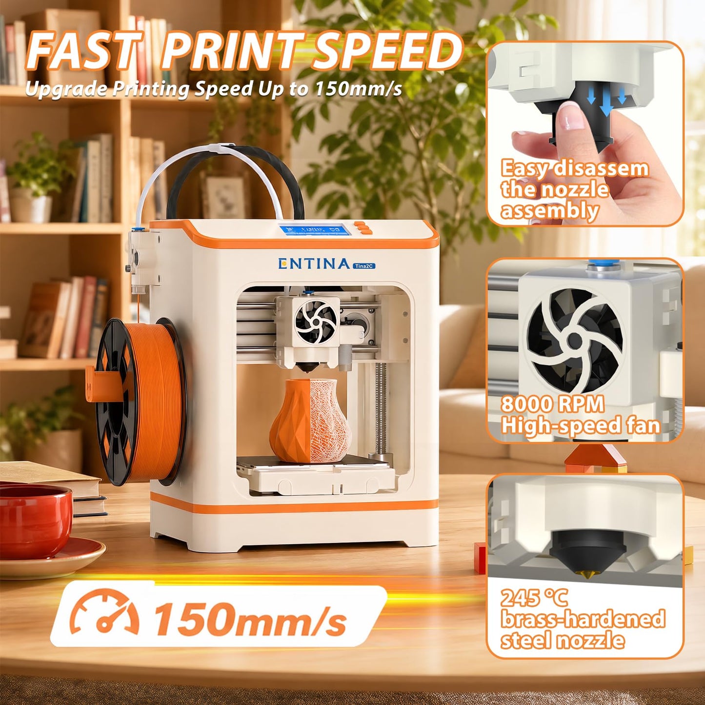 ENTINA TINA2C Mini 3D Printer with Wi-Fi & App Control, Fully Assembled, Auto Leveling, Silent Print,1500+ Models, 20+ DIY Modules, Fully Open Source DIY 3D Printer for Beginners, Makers