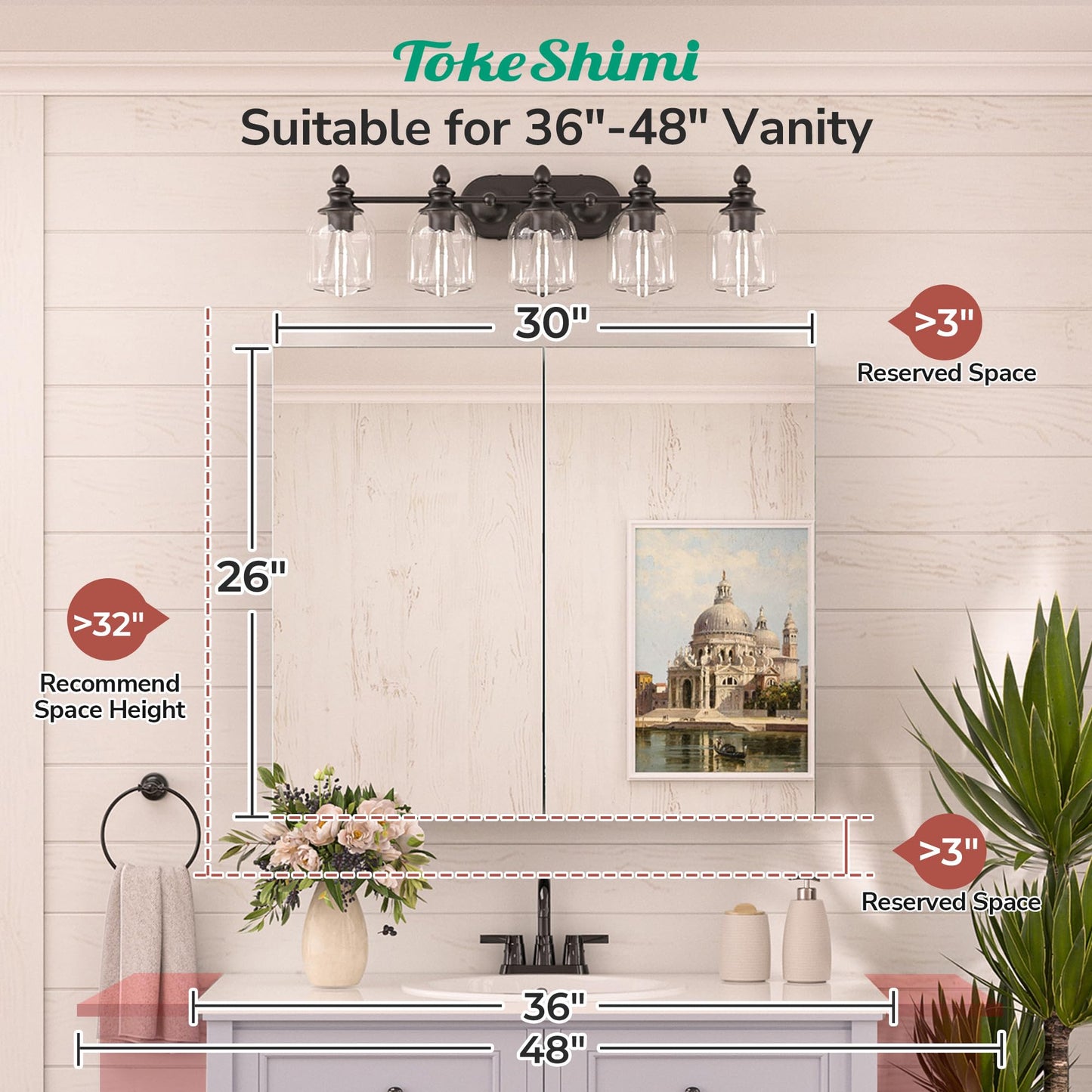 TokeShimi 30x26 Medicine Cabinet Mirror with Storage Tempered Aluminum Recessed or Wall Mounted Cabinet White with Stepless Adjustable Metal Shelves for Bathroom Vanity Modern Farmhouse