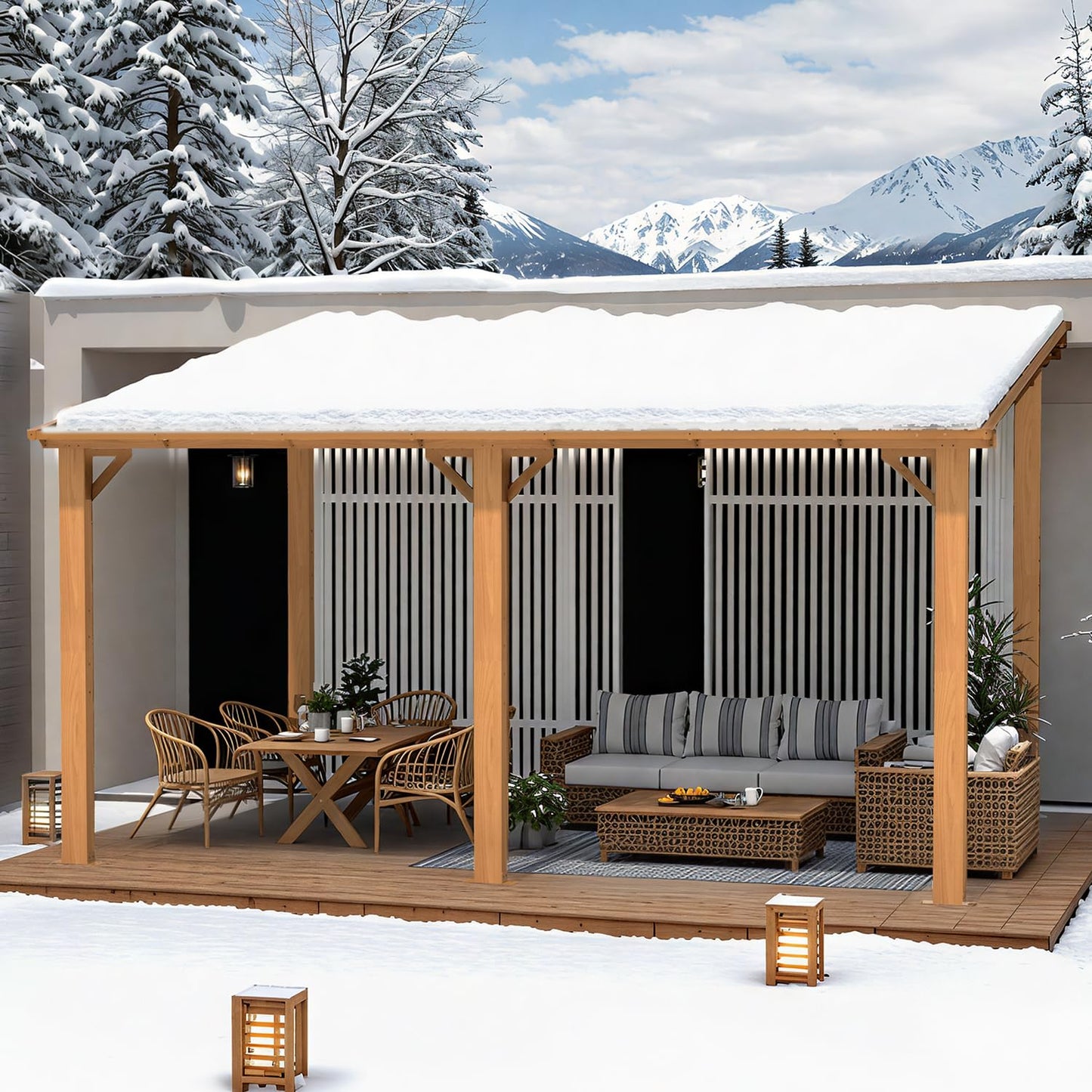 AECOJOY 14' x 10' Gazebo for Patio, Wood Grain Hard Top Lean to Gazebo Pergola with Roof (140 Sq.Ft Shaded), Large Wall-Mounted Heavy Duty Awnings for Patio, Decks, Backyard and More