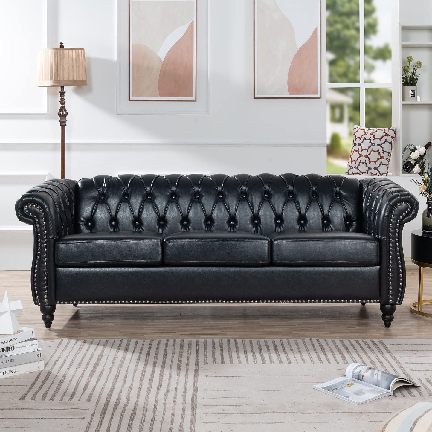 Ball & Cast 84" Chesterfield Leather Sofa with Channel Tufted Seat Back,Classic 3 Seater Couch w/Roll Arm Nailhead Trim and Upholstered,Mid Century Furniture for Living Room,Bedroom,Office,Black PU
