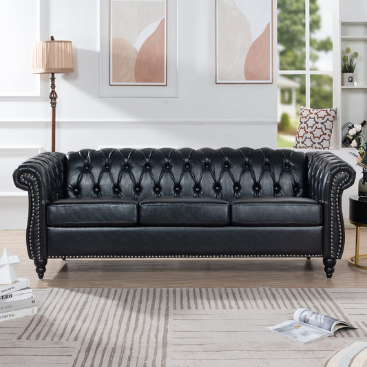 Ball & Cast 84" Chesterfield Leather Sofa with Channel Tufted Seat Back,Classic 3 Seater Couch w/Roll Arm Nailhead Trim and Upholstered,Mid Century Furniture for Living Room,Bedroom,Office,Black PU