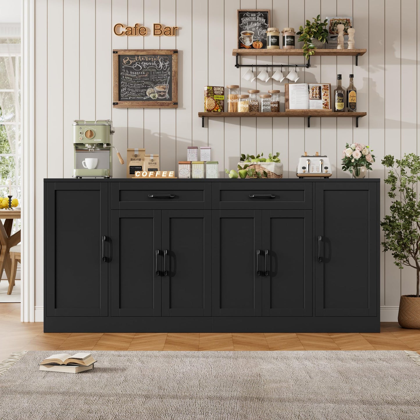 BOTLOG 71” Large Buffet Cabinet with Storage, Sideboard Buffet Cabinet with Adjustable Shelves and 6 Soft-Close Doors, Wood Coffee Bar Console Table for Kitchen, Dining Room, Black