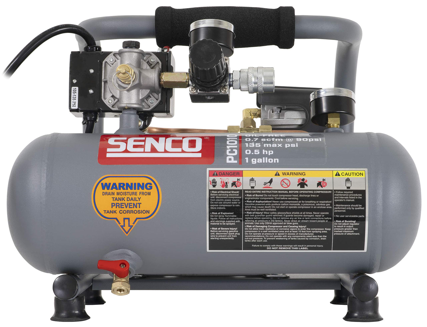SENCO PC1010 1/2-Horsepower 1-Gallon Finish and Trim Hot Dog Air Compressor Portable Tire Inflator For Car