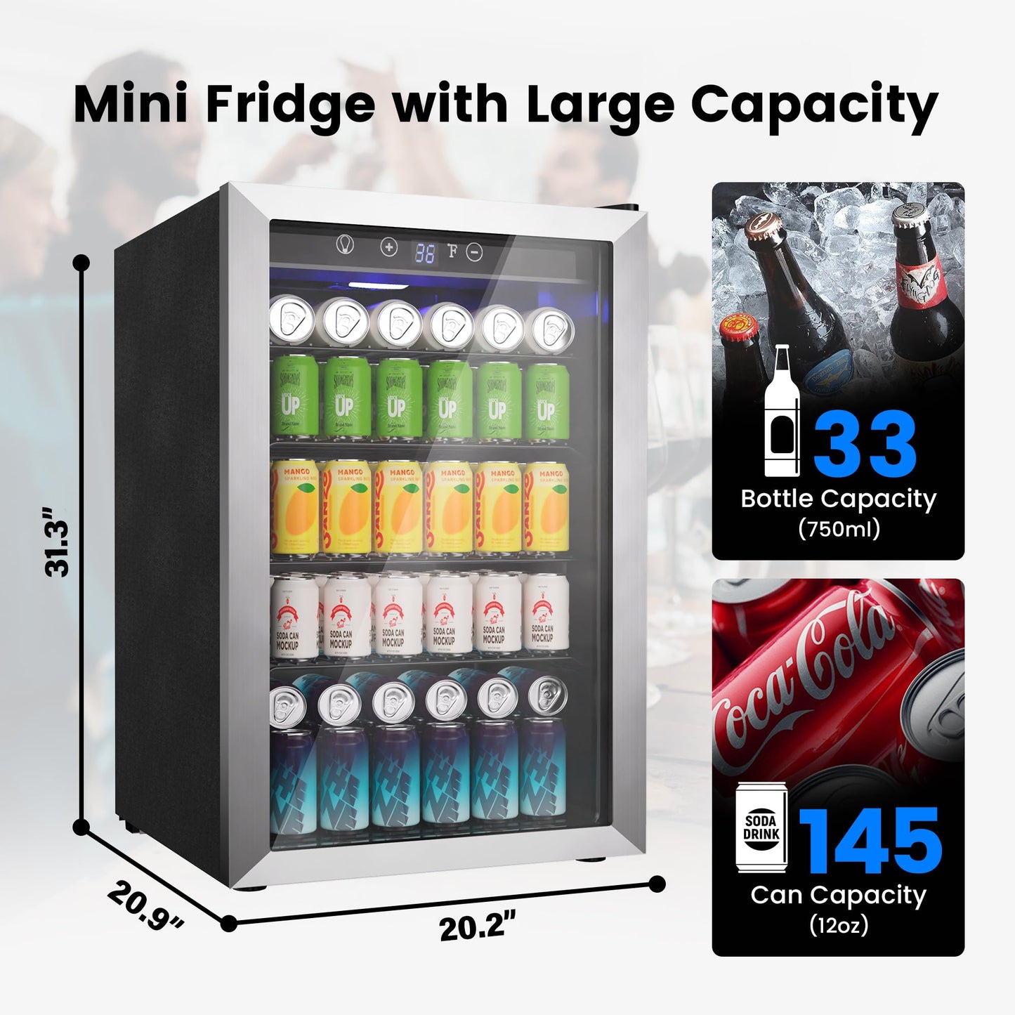 Feelfunn 4.5 Cu.Ft Beverage Refrigerator Cooler - 145 Can Mini Fridge Glass Door for Soda Beer Wine, Small Refrigerator for Bedroom Office Home Bar, 4 Adjustable Shelves, Silver